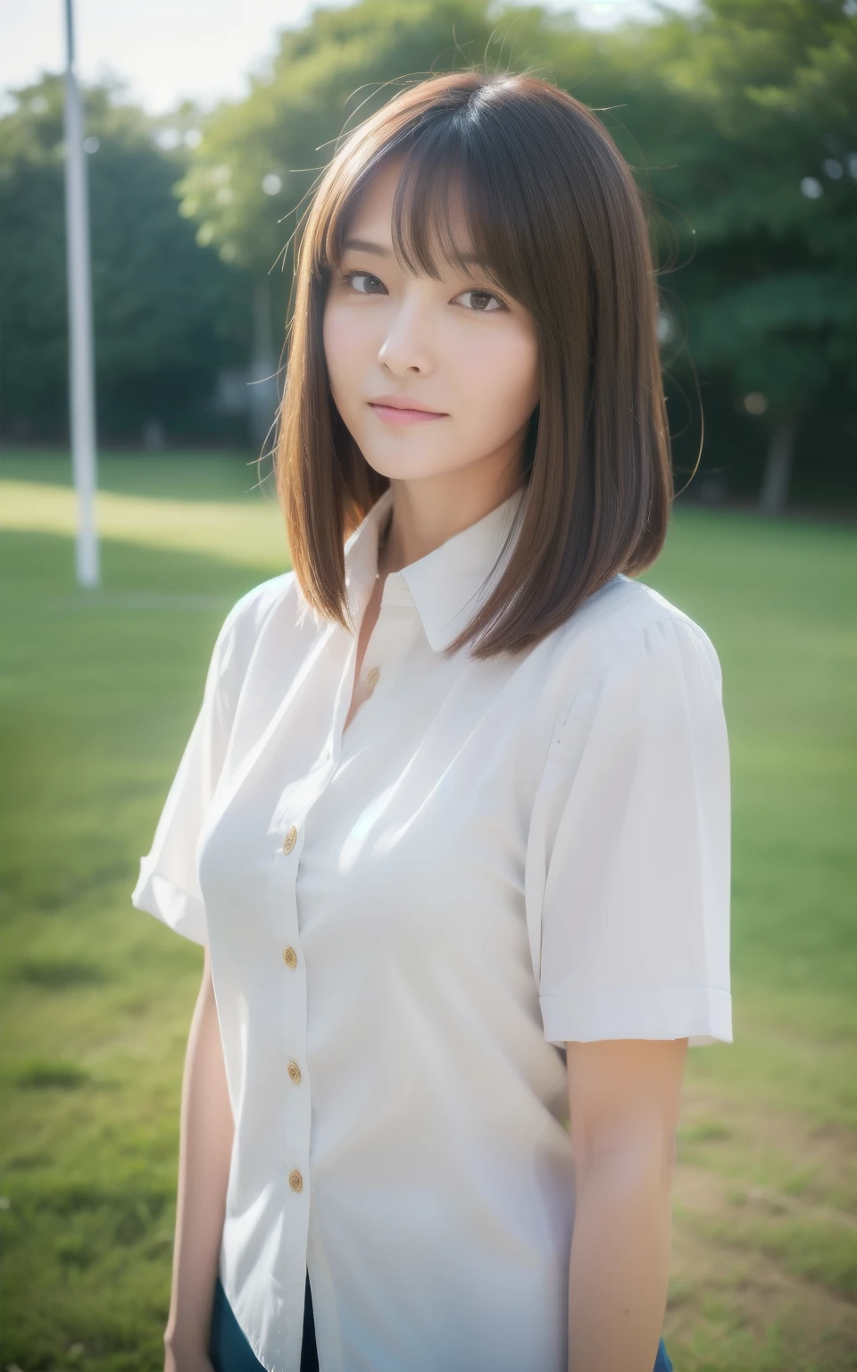 ((Best Quality, 8K, masutepiece: 1.3)), Full body, Sharp Focus: 1.2, 1 lady, 34 years old, A pretty woman with perfect figure, Cute, Shy, Beautiful thighs, ((sway in the wind shoulder length straight hair)), (White shirt with buttons: 1.1), Highly detailed face and skin texture, Detailed eyes