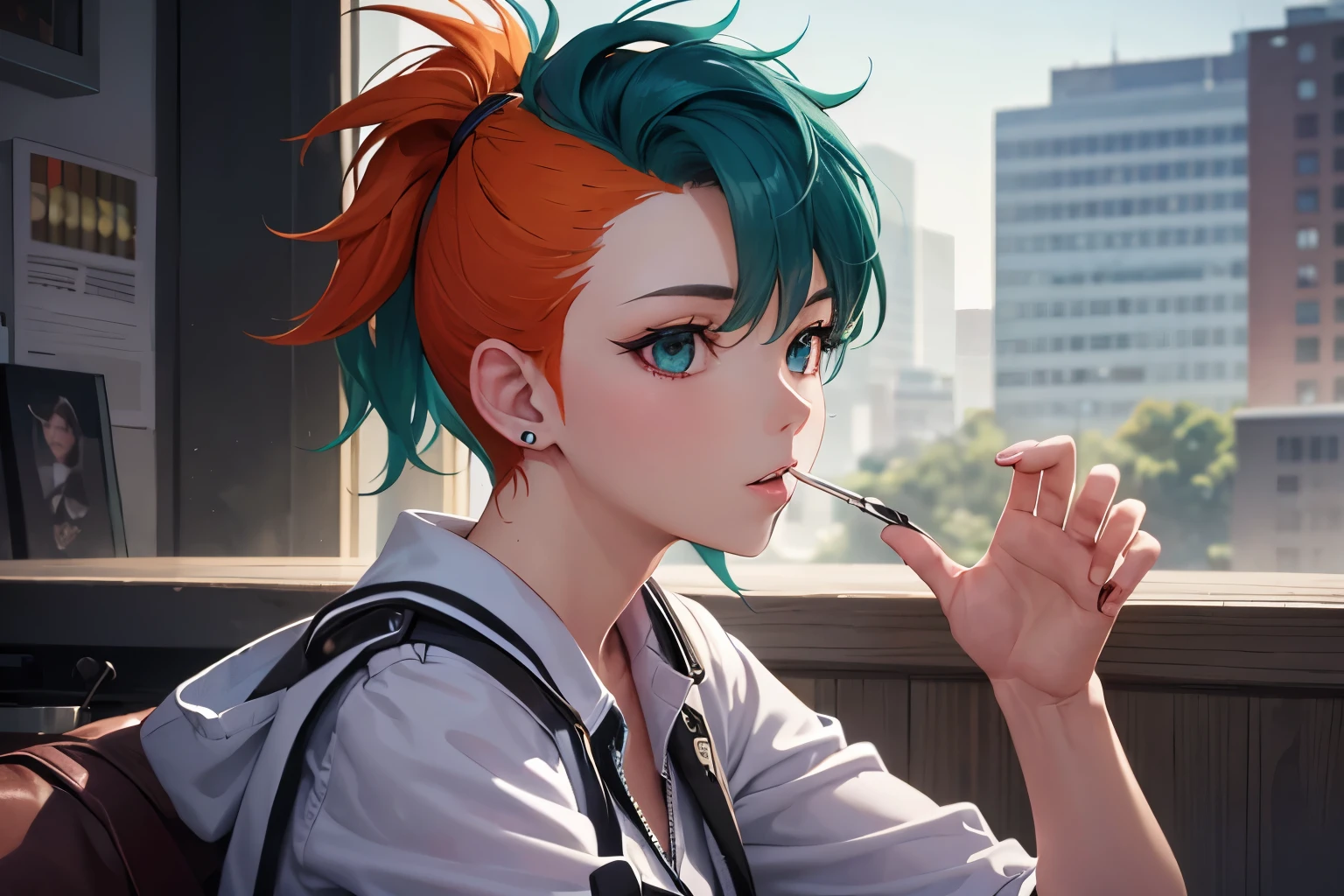 Mohawk, side cropped hair, green hair, orange side hair, punk fashion, 1 girl, piercing, white face, purple clothes, undercut,green sideburns