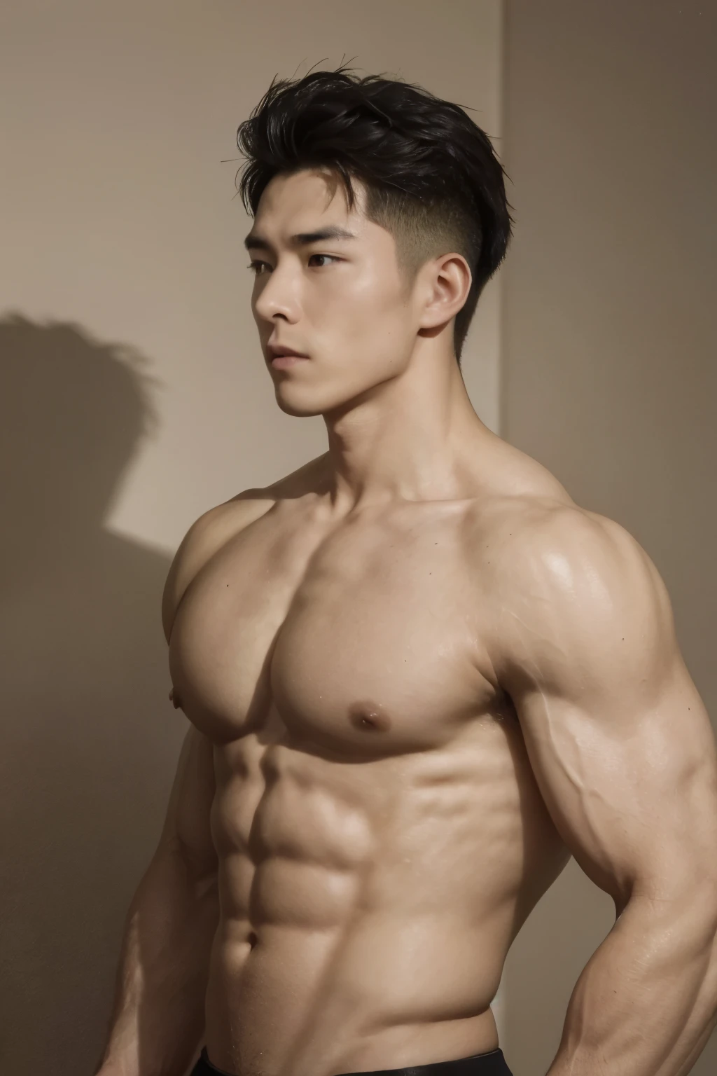 arafed handsome vietnamese male soldier, young boy, serious, confident, soft smile, detailed skin, pores, wearing nothing but sexy olive green thong, muscular!!!, bodybuilder physique, outdoors, military training grounds, dim lightings