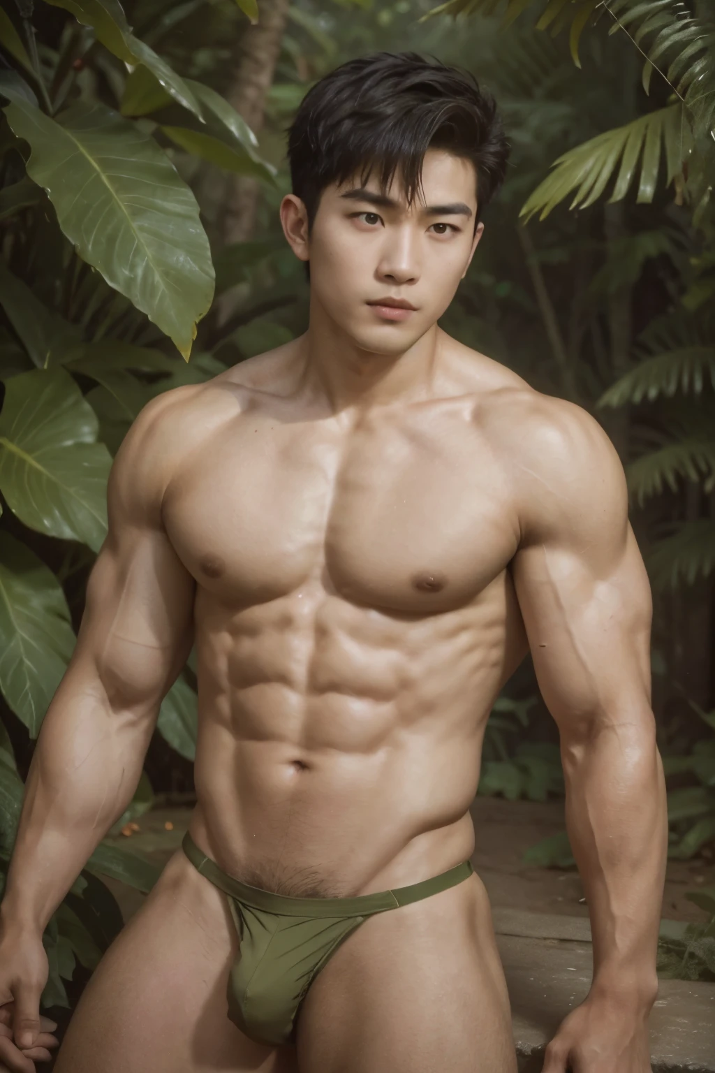 arafed handsome vietnamese male soldier, young boy, serious, confident, soft smile, detailed skin, pores, wearing nothing but sexy olive green thong, muscular!!!, bodybuilder physique, outdoors, military training grounds, dim lightings