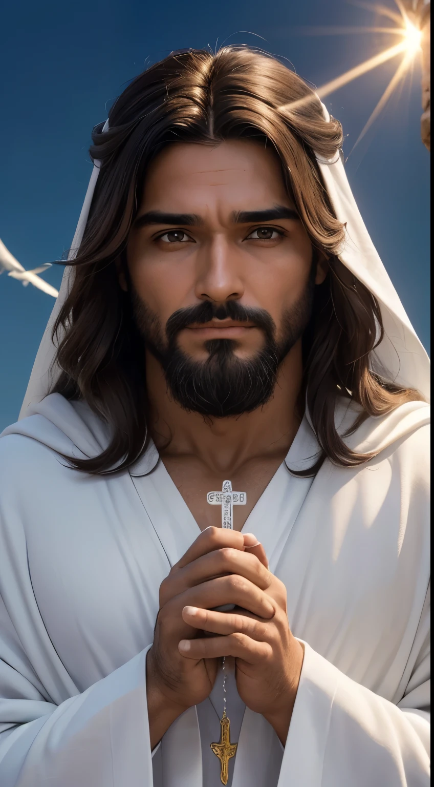 imagem de Jesus Cristo (homem, macho) (nas nuvenan, olhos, olhos, cabelos castanhos longos, cabelos longos ondulados, barba marrom longa, olhos perfeitos, olhos abertos, olhar sereno, ansioso olhando para o espectador, grandes asas de anjo , holding a rosary in hands, Wearing a white robe in the skies, aura de luz ao redor, Ansioso, Blessing the People on Earth, FOCO FRONTAL, 8K