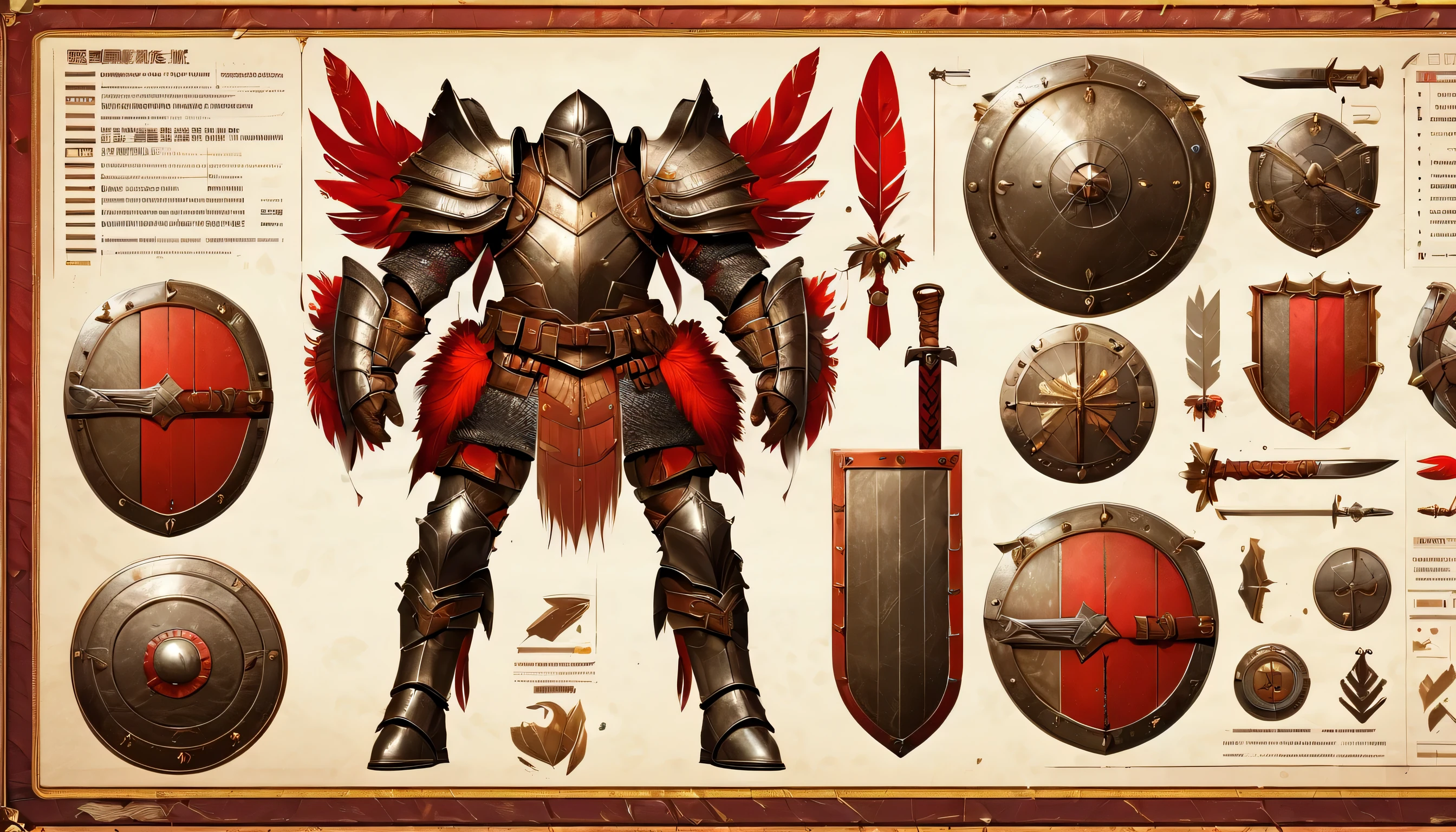 armored warrior，shield，arms，red feather decoration，Very detailed，，Very professional character design BOM，Professional Checklist，detail list，Detailed production drawings，glans steps，exploded view，clarify，texture，Detailed annotation，annotated，The collision of metal and leather，colorful