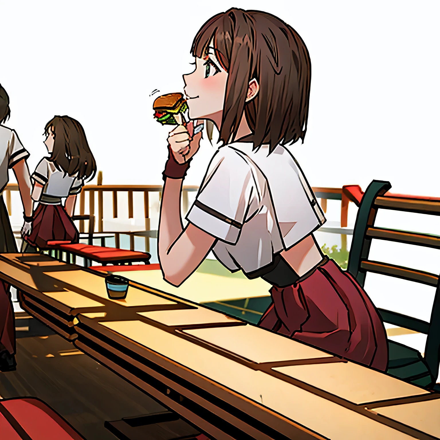 Aurora Eating a burger while sitting on a bench