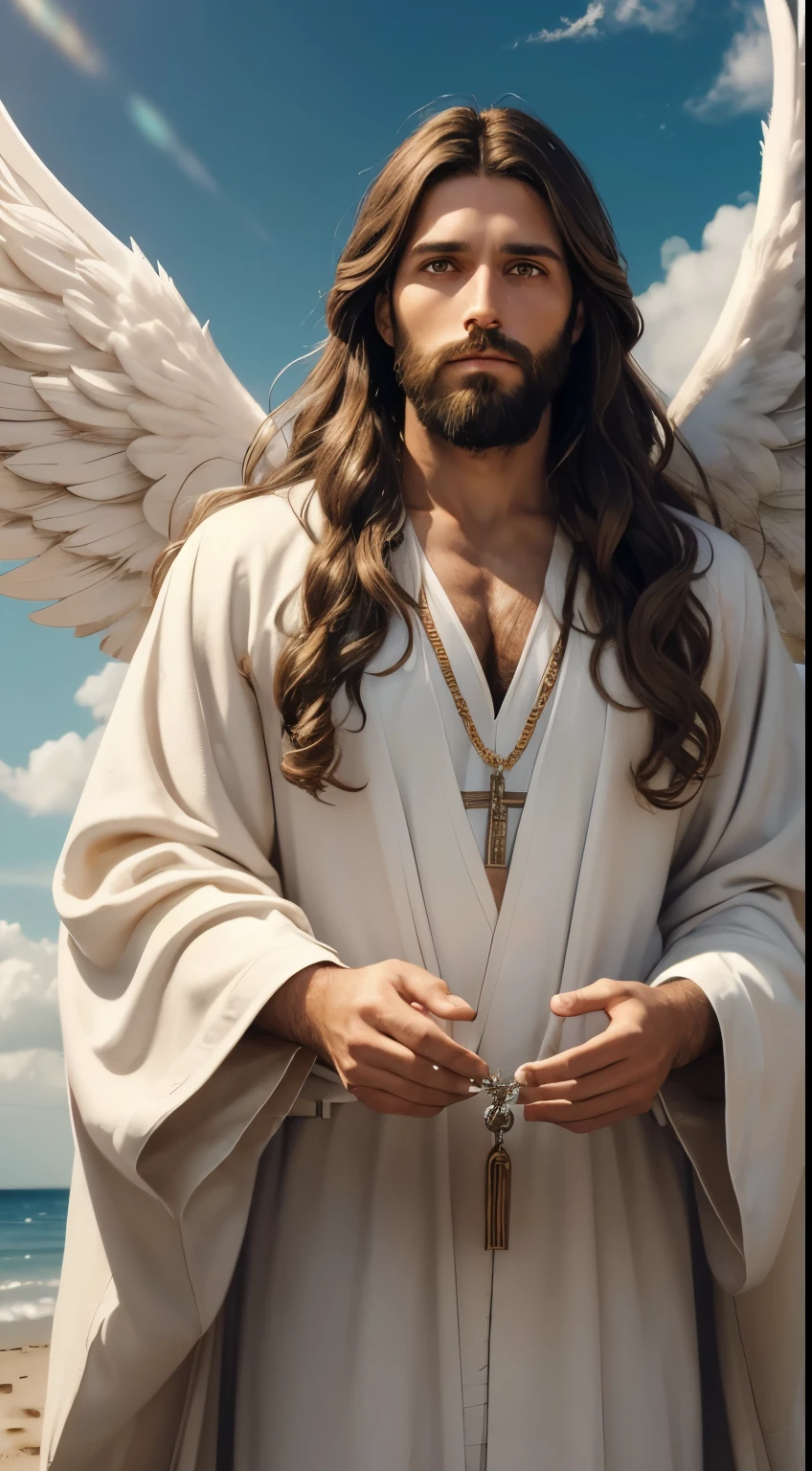 image of Jesus Christ (man, male) 33 years old (in the clouds, eyes, eyes, long brown hair, long wavy hair, long brown beard, perfect eyes, open eyes, serene look, anxiously looking at the viewer, large angel wings , holding a rosary in his hands, Wearing a white robe in the heavens, aura of light around, Anxious, Blessing people on Earth, FRONT FOCUS, 8K