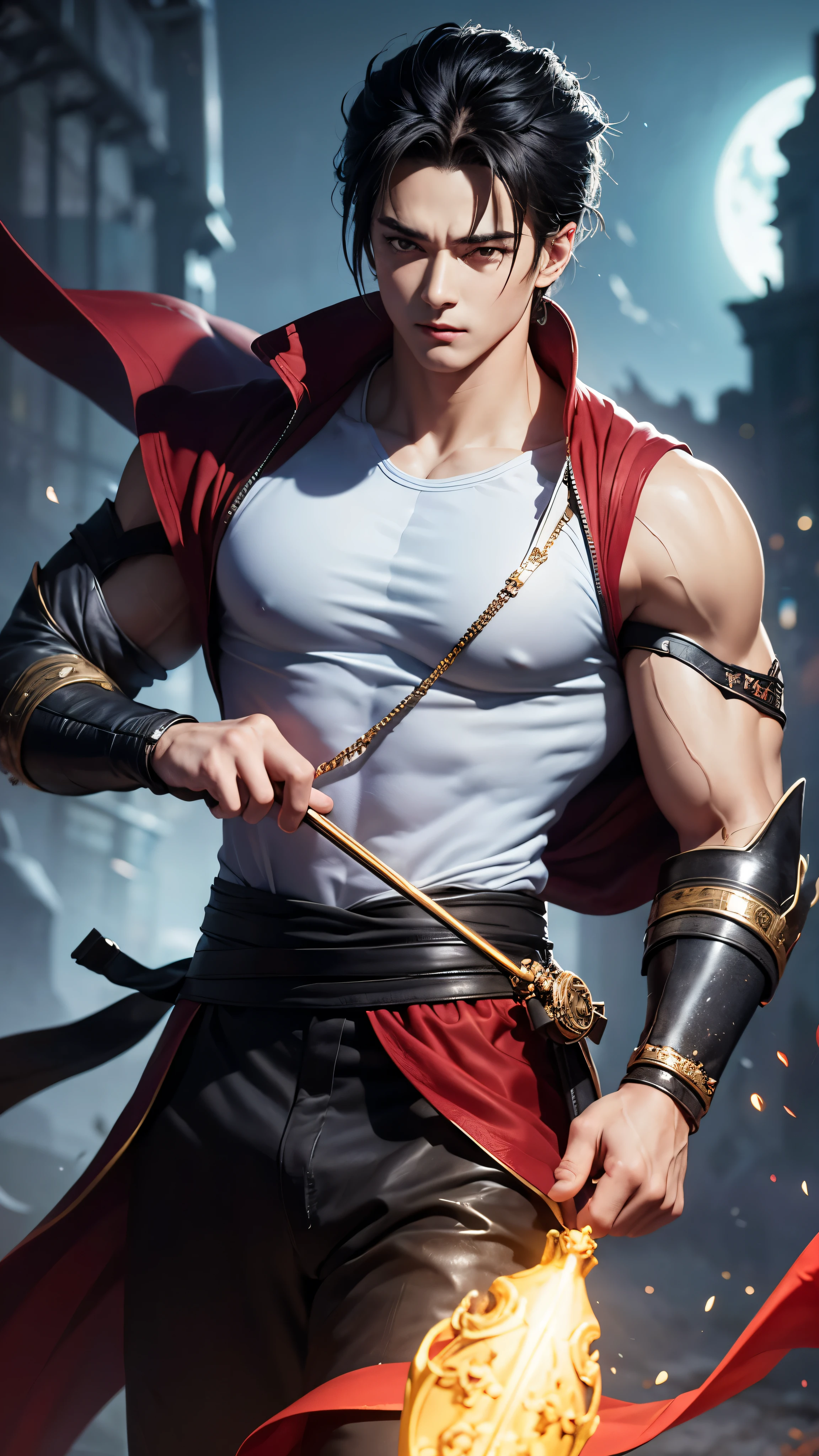 An 8k masterpiece, highest resolution, every detail, meticulous detail, depth of field, bright colors, beautiful composition: anime character Gohan impresses with his black hair and glowing eyes Beautifully detailed lighting, standing against a dark and ominous background. This handsome demon slayer is the epitome of bad guys in the fantasy art. wearing a shirt.