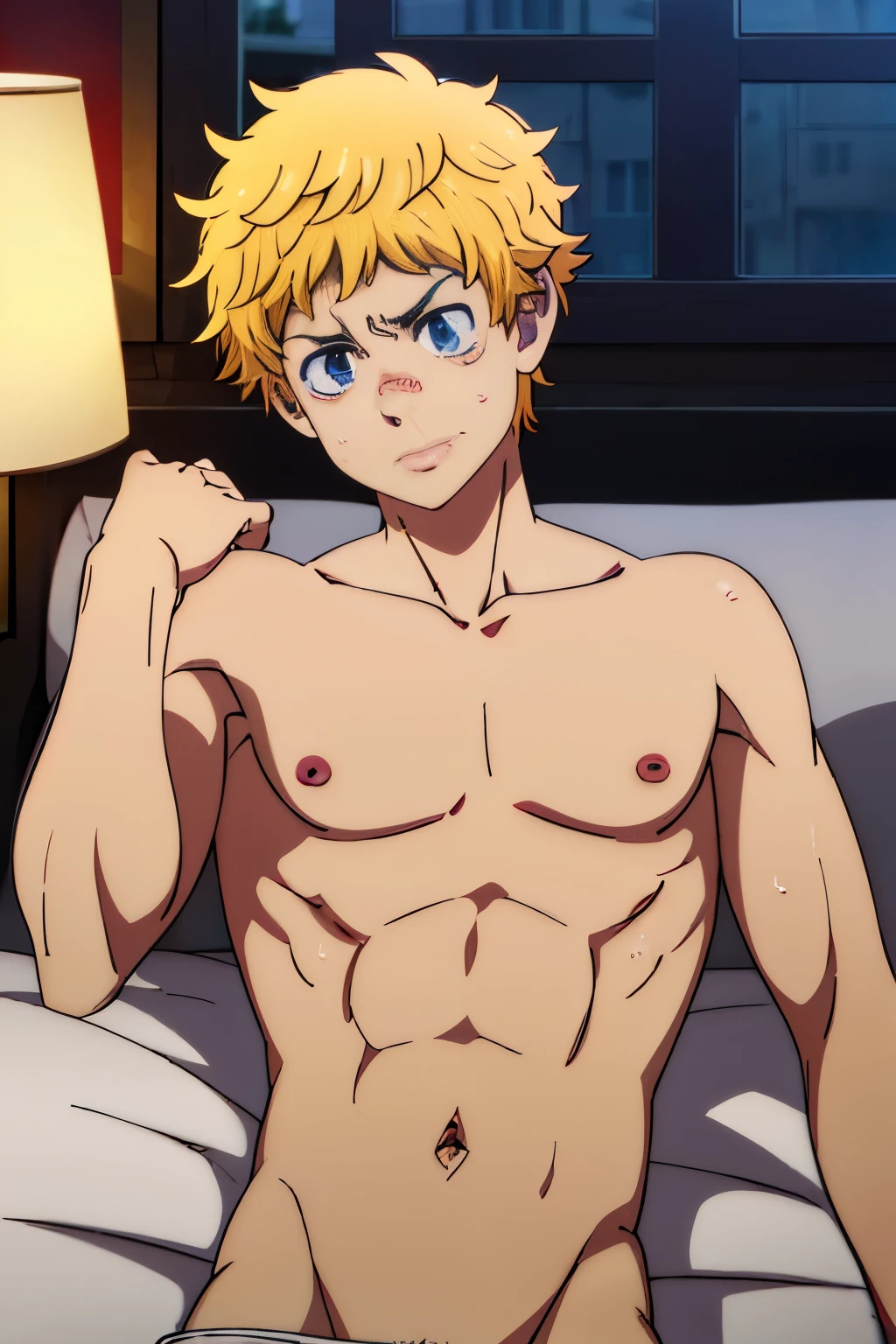 Highres, Masterpiece, Best quality at best,Best Quality,hight quality, hight detailed, anime style, (1 boy), takemichi, blonde hair、Allback、Men with short hair, (showing his muscle), (shirtless, topless, bare chest), without cloth, lying on bed