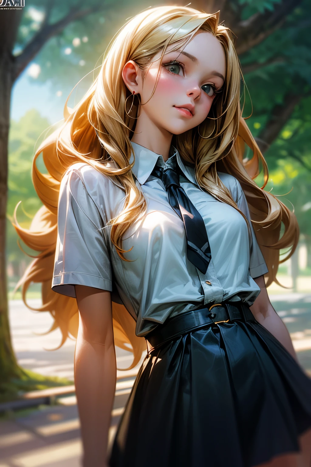 ((Masterpiece)), (Anime:1.5), ((best quality)), (RAW photo:1.2), (High Definition:1.3), (Professional Photography:1.2), (chromatic aberration), (wide shot:1.3), Textured skin, cinematic lighting, (12 years old), 1girl, grin, (Cute teenage beautiful Girl), BREAK, ((Glossy lips)), beautiful girl, model body, light_green_eyes, large earrings, very long hair, wavy hair, blonde hair, BREAK, small breasts, t-shirt, skirt, black tie, BREAK, (lean on the big tree:1.4), (High Definition:1.3), (photorealistic), indirect lighting, volumetric light, ray tracing, hyper-detailed, (best quality), ultra-high resolution, HDR, 8k