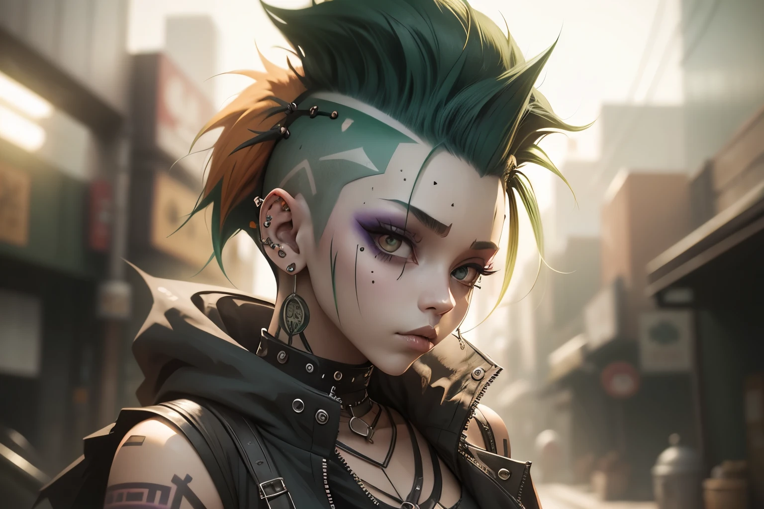 Mohawk, side cropped hair, green hair, orange side hair, 1 girl, piercing, white face, undercut, punk fashion, purple clothes, small breasts,