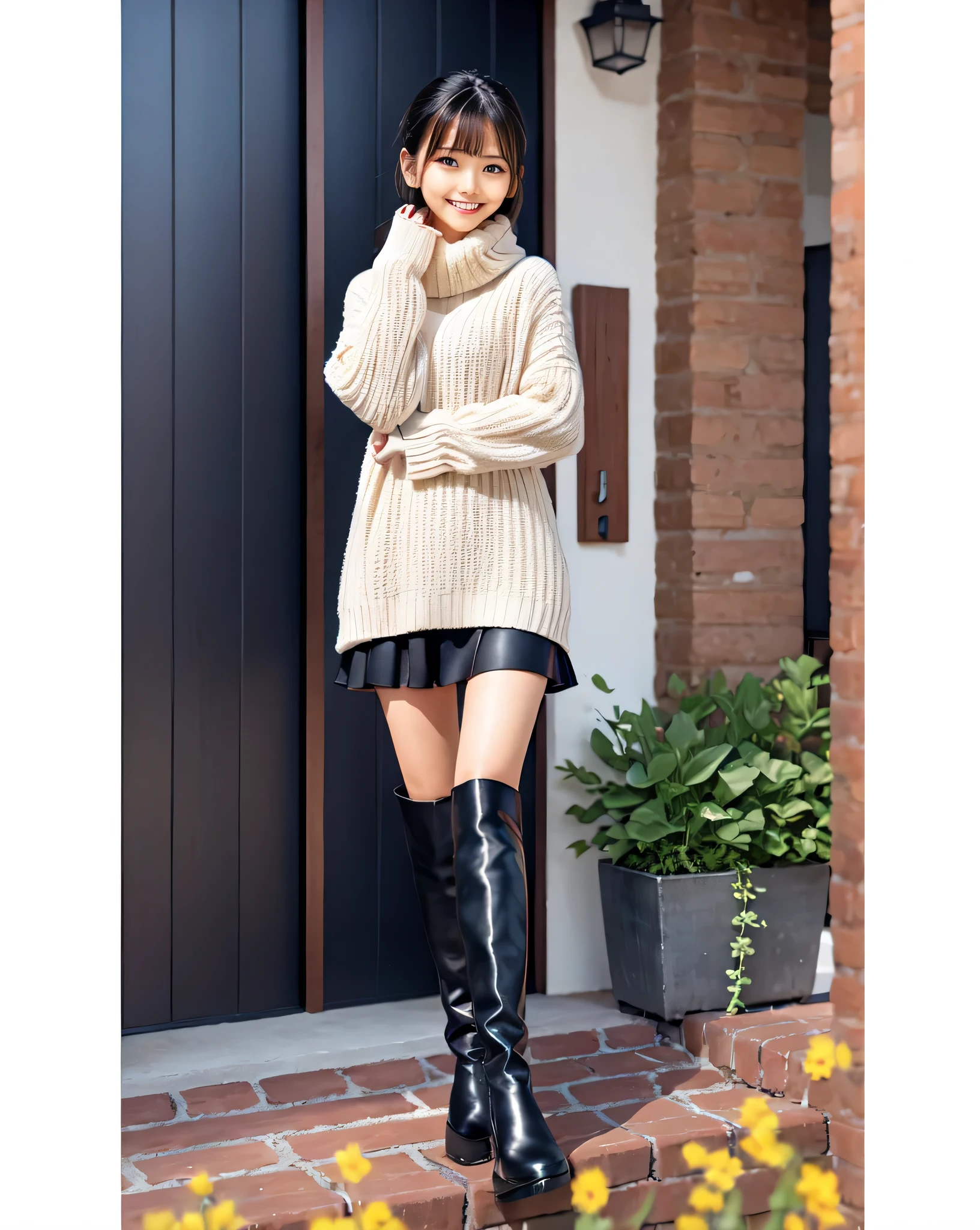 A woman wearing a white sweater and black skirt takes a photo, high boots, knee-high boots, over the knee boots,  cute woman, pretty girl, beige,  cute face, cute young woman, bangs, lips、out makeup、short eyelashes、looking at the viewer、lazy smile、realistic、High resolution、debris flies, highest quality, 8k, Beautiful woman、In detail