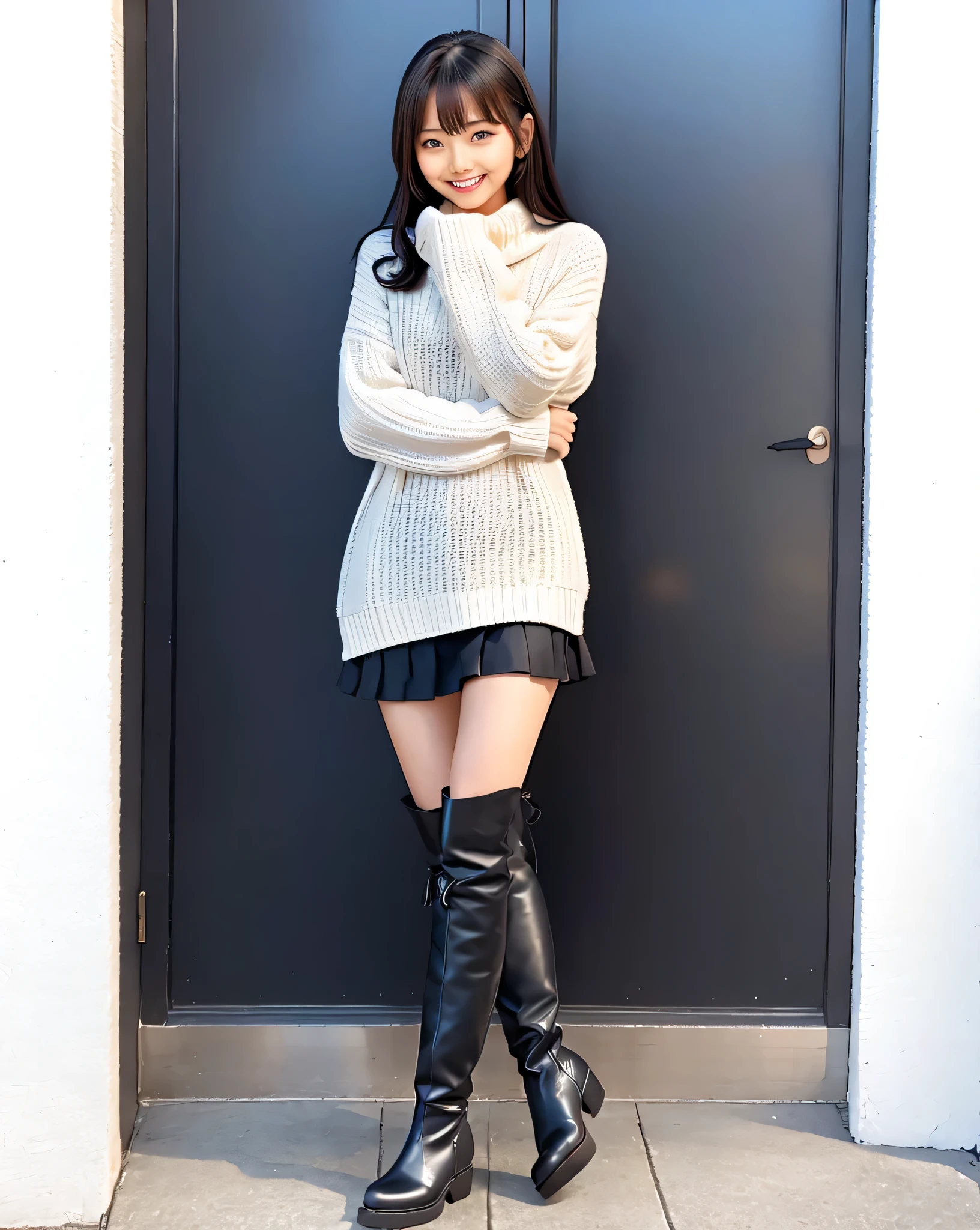 A woman wearing a white sweater and black skirt takes a photo, high boots, knee-high boots, over the knee boots, cute woman, pretty girl, beige, cute face, cute young woman, bangs, lips、out makeup、short eyelashes、looking at the viewer、lazy smile、realistic、High resolution、debris flies, highest quality, 8k, Beautiful woman、In detail