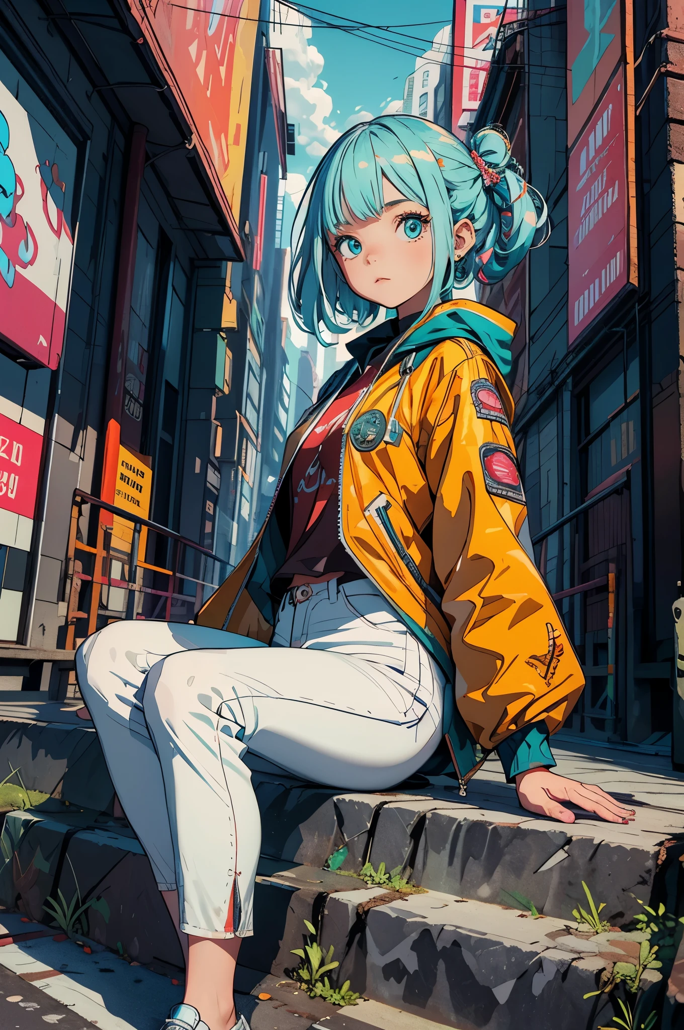 highest quality, 4k wallpaper, masterpiece, Highly detailed CG Unity 8k wallpaper, very fine eyes, super detailed, intricate details, 1 girl, Propagate the Dharma, colorful hair, long hair, aqua eye, Jacket, white pants, Character Art Style, retro art style, public, outdoors, sitting, car, road signs, city,
waiting to start