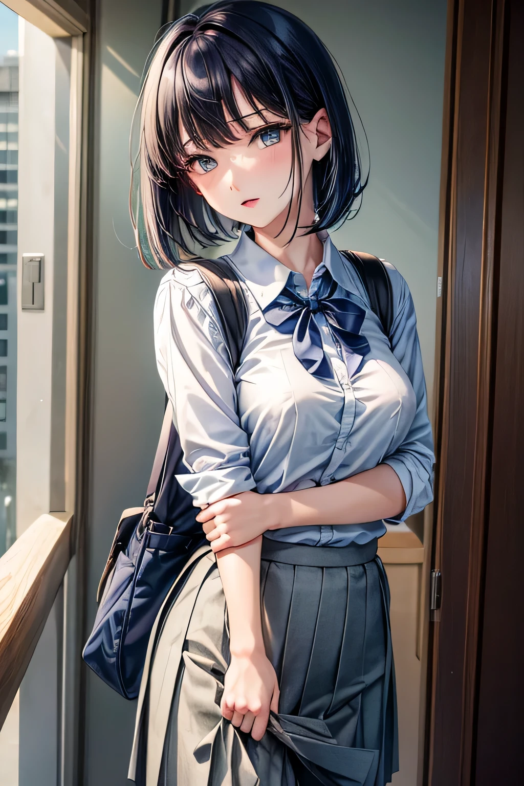 (masterpiece, highest quality:1.2), 1 girl, alone, Akane Kurokawa, 1 girl, dark blue hair, medium hair, One-length bob, Add some bangs to brighten your face, Hair ends remain thick overall. , blue eyes, green eyes, school uniform, white collared shirt, shirt with buttons,vest, blue tie, gray pleated skirt,rolled up skirt、sexy pants、naked clothes、E cup breasts、small nipples、small areola、Breasts are fully visible