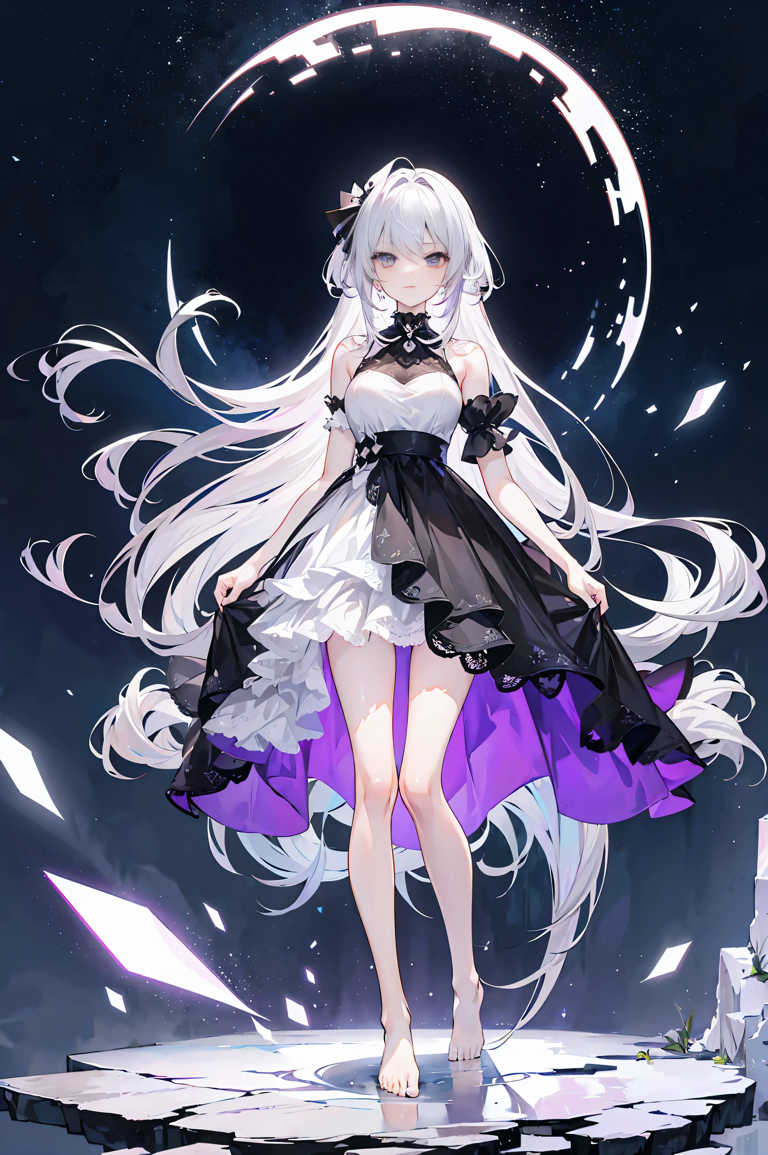 Lilac gradient hair,asymmetrical hair,((Hair is very thick 1.8,chiseled head 1.6)), hair past shoulders, messy hair, very long hair, shiny hair,(long gray hair:1.2),a beautiful girl,(Luxury Platinum Mini Ultra Short Platinum Lolita,Made of transparent material),(Transparent clothes transparent 1.8),Perfect body,big thin legs,Slim,(looks sad,haggard face ,sad,shut your mouth:1.2) Against the backdrop of an unusually bright dark starry sky,(Put your hands behind your back),(round,Room, firm breasts),barefoot,float,water surface,(long legs,long legs,long legs,Gestalt),full-body shot。standing posture