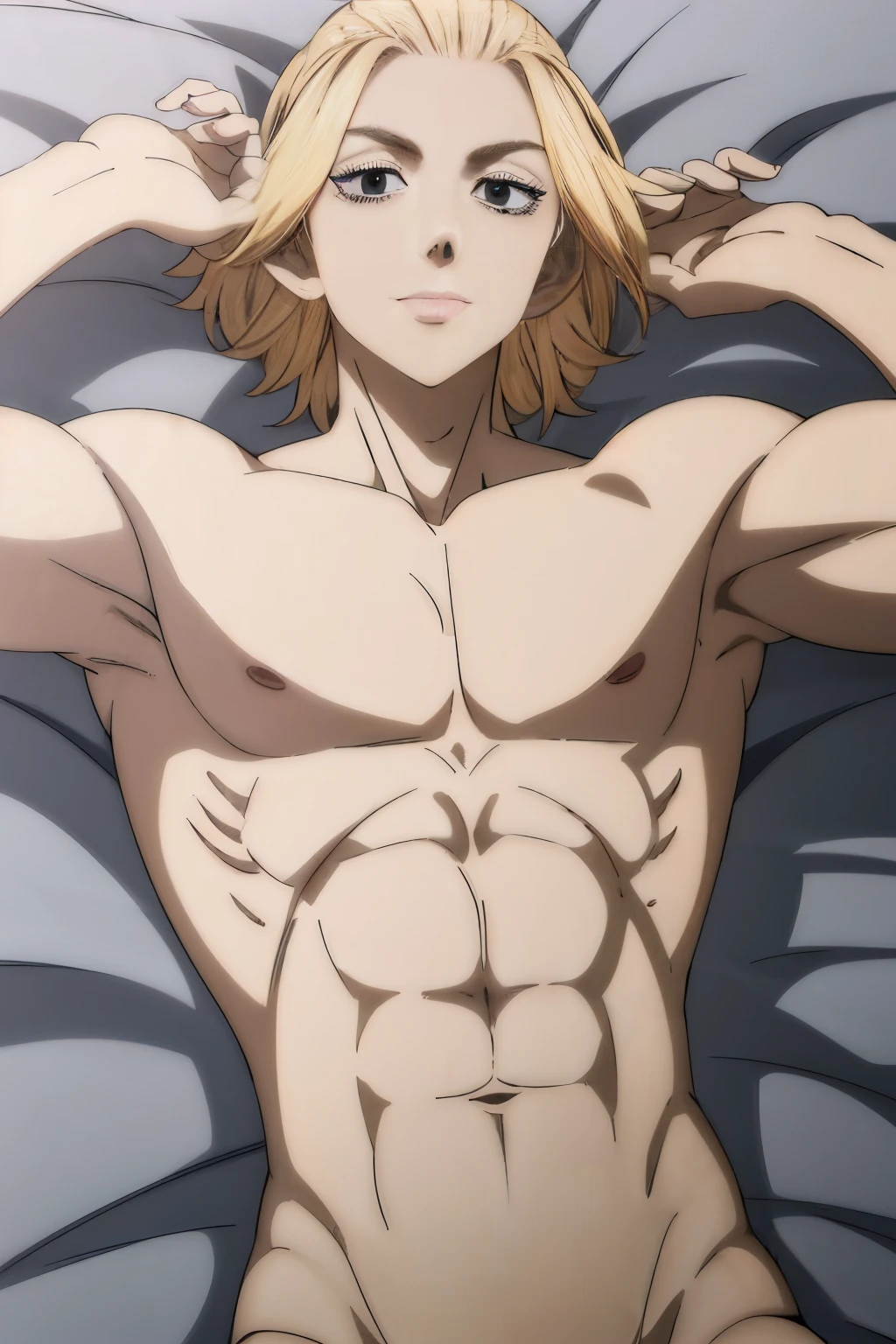 Highres, Masterpiece, Best quality at best,Best Quality,hight quality, hight detailed, anime style, (1 boy), takemichi, blonde hair、Allback、Men with short hair, (showing his muscle), (shirtless, topless, bare chest), without cloth, lying on bed