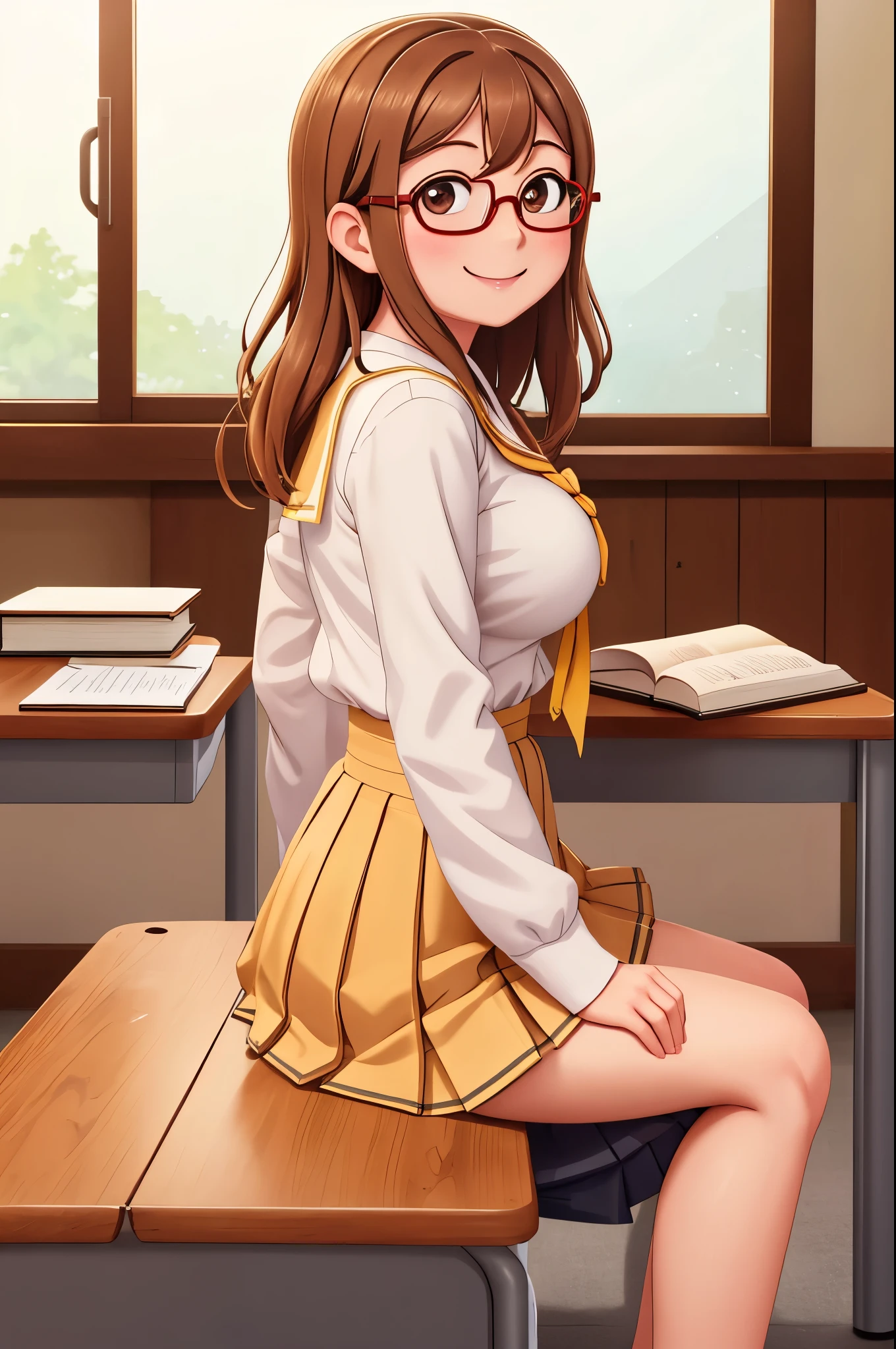 masterpiece, best quality,(kunikida hanamaru:0.999), (breasts:0.878),(brown hair:0.875), from side,(looking at viewer:0.699), (big breasts:1.0), smile, bangs, white school uniform, sitting in class,books, black frame glasses 