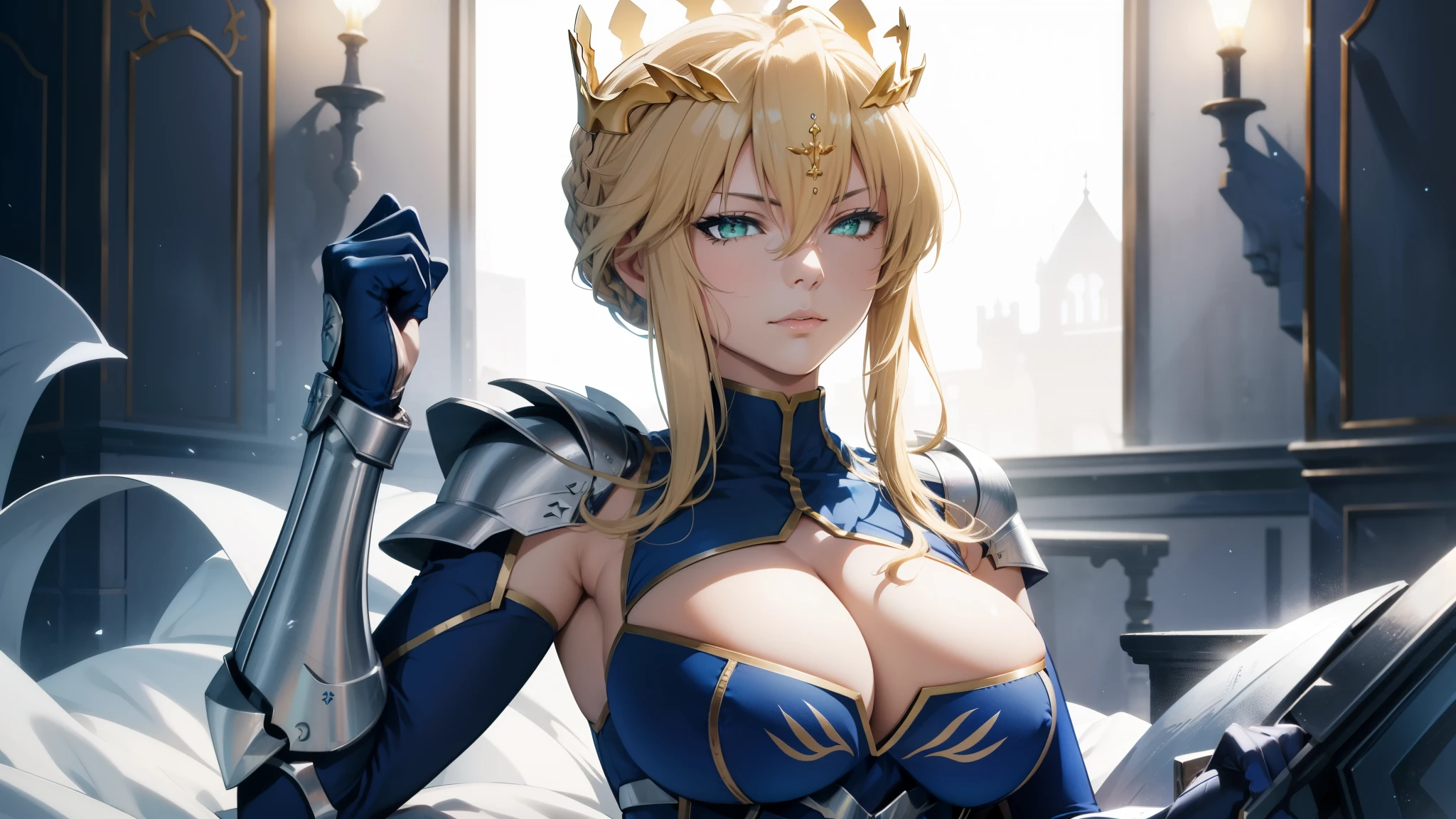 (best quality, highres), Artoria pendragon lancer, green eyes, artoriaLancer, braid, crown, turtleneck, cleavage cutout, sleeveless, blue leotard, gauntlets, seductive, sensual
