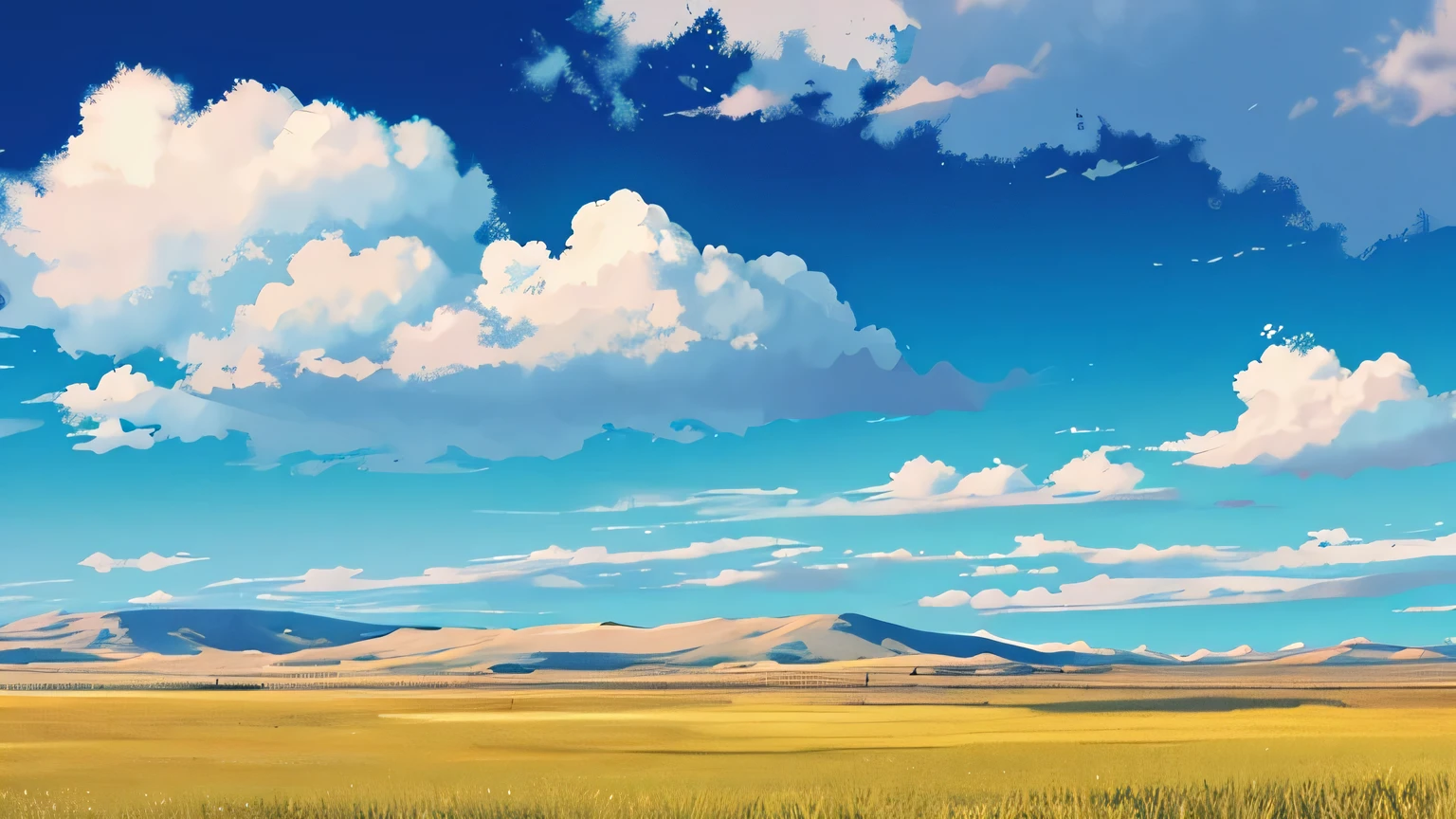 White clouds hung over the blue sky. Hill, steppe, uninhabited