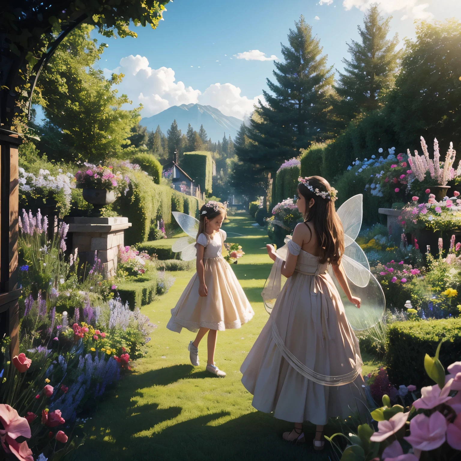 Fairies flying around. mom brunette daughter blonde. Garden. Make it dreamy. Concept art 