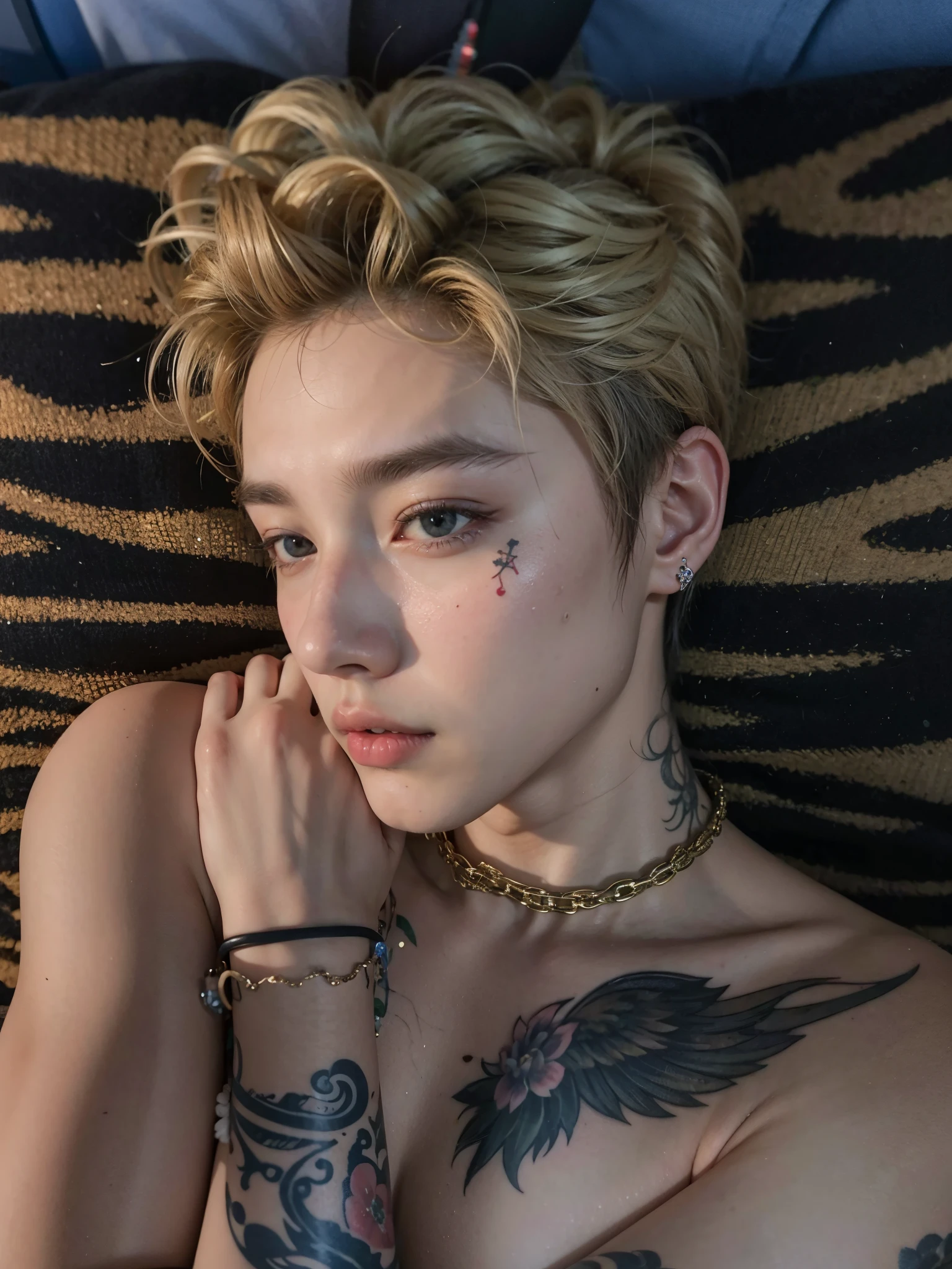 a close-up of a person with tattoos on their arms, Cai Xukun, Jinyoung Shin, hyung tae, Hsiao-ron, taejune kim, Kim Doyoung, dez lee, peep, muito tempo, inspirado em Bian Shoumin, Hong junho hyung, Jinyoung Shin aesthetic, inspirado em jeonseok lee, Yanjun Chengt, gargantilha, wearing gargantilha