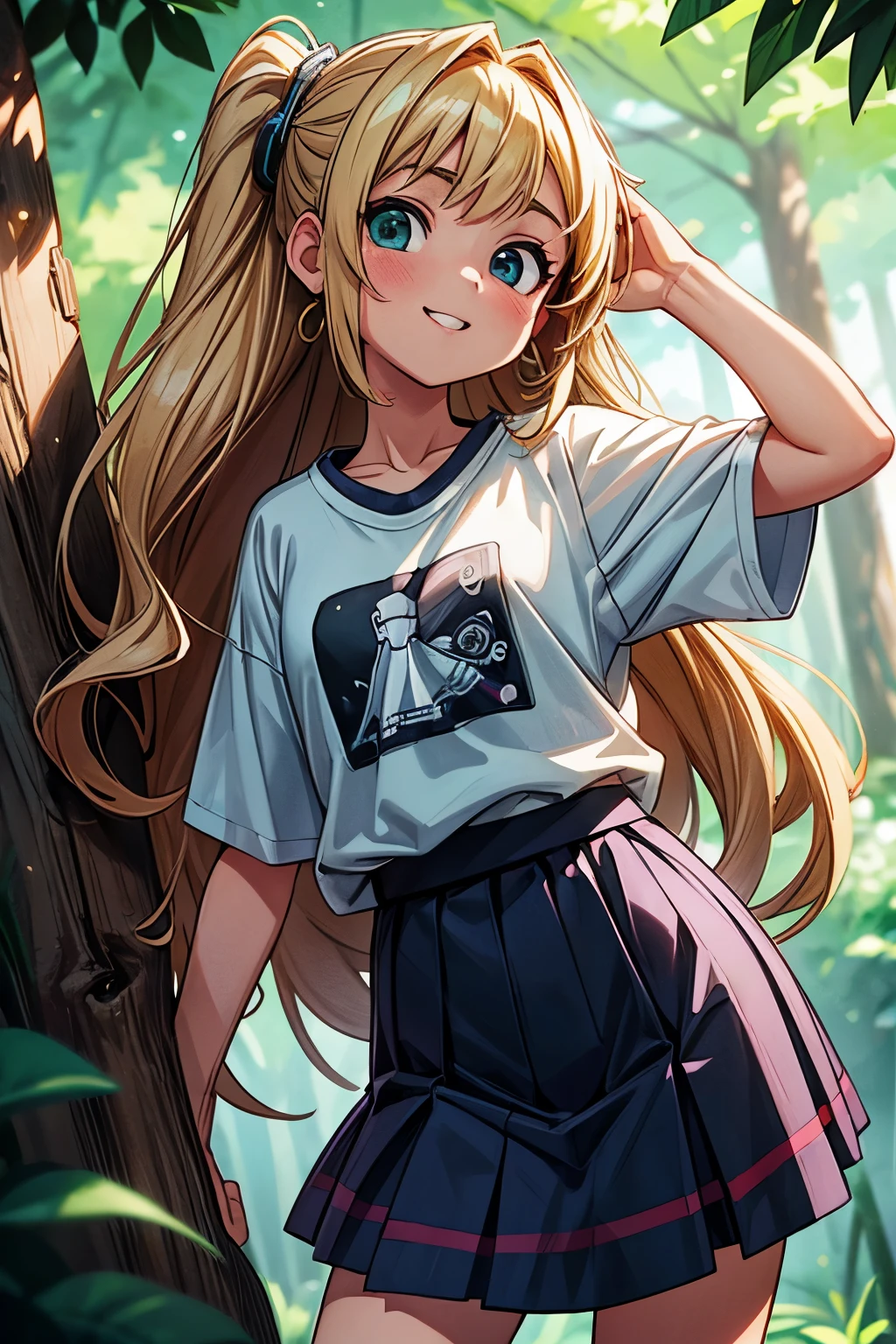 ((Masterpiece)), (Anime:1.5), ((best quality)), (RAW photo:1.2), (High Definition:1.3), (Professional Photography:1.2), (chromatic aberration), (wide shot:1.3), Textured skin, cinematic lighting, (12 years old), 1girl, grin, (Cute teenage beautiful Girl), BREAK, ((Glossy lips)), beautiful girl, model body, light_green_eyes, large earrings, very long hair, wavy hair, blonde hair, BREAK, small breasts, t-shirt, skirt, black tie, BREAK, (lean on the big tree:1.4), (High Definition:1.3), (photorealistic), indirect lighting, volumetric light, ray tracing, hyper-detailed, (best quality), ultra-high resolution, HDR, 8k