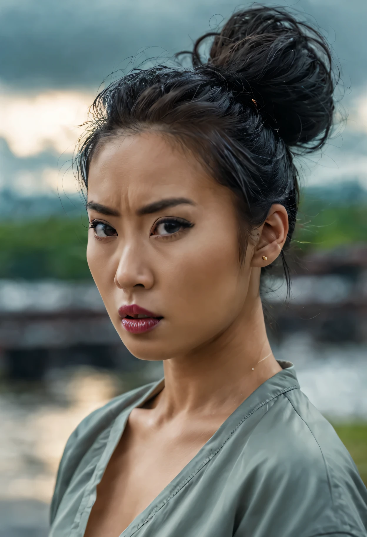 (perfecteyes, UHD, 8k, F2.8, RAW Photo, ultra detailed, sharp focus), ((Asian woman, slim, fit, 30 years old)), (outdoors, cloudy weather), angry and mean look, (bun hair style, black hair), (cinematic, soft light, dynamic contrast)