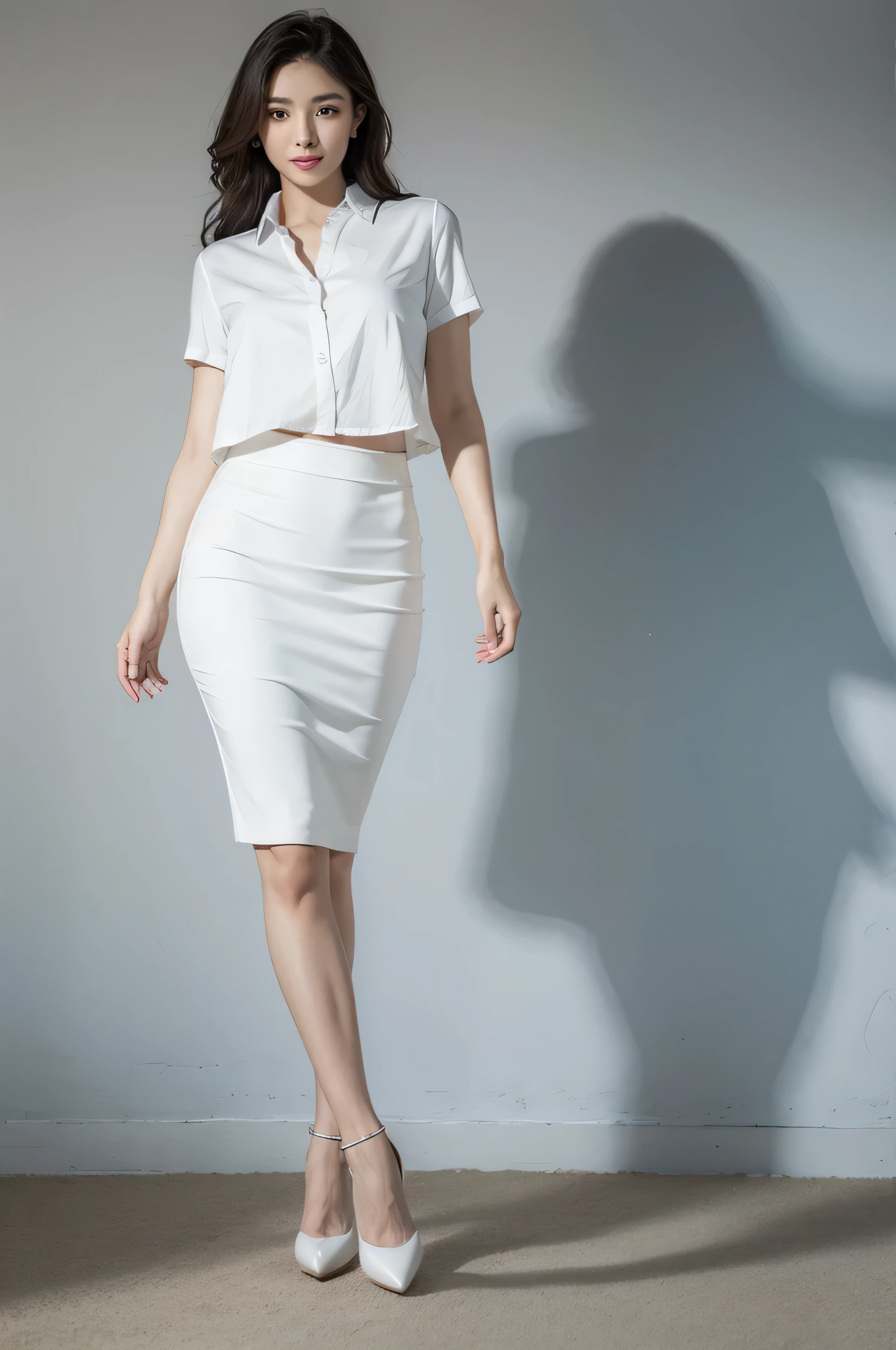 (top-quality,32K,masterpiece,A hyper-realistic), korean most beautiful Female ,(A detailed eye,beautidful eyes, Detailed face, Detailed skin,Detailed lips,lipgloss),skin tanned, little smile, wavy hairs, white high heels, detailed hands and nails, white shirt, black pencil skirt, white heels, standing pose, background street,pencil skirt, real legs, real skin, full body