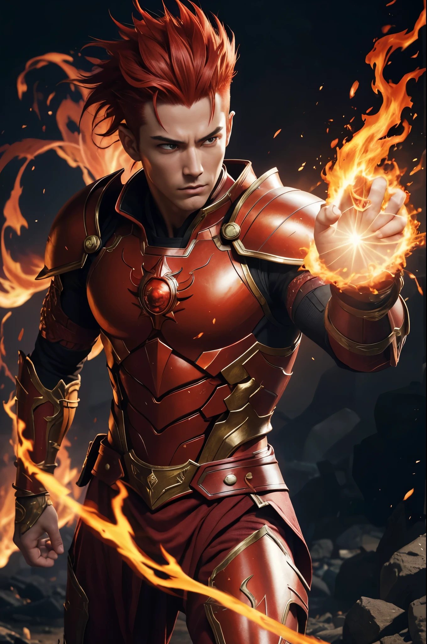 8k、alone,16歳のflame god boy,super handsome(like the real thing),red eyes,Super beautiful,beautiful red mohawk hair,Flashy flame god makeup,gorgeous red flame chest armor,sexy,Remains,amazing work of art、wind effect:1.9、cloud effect:1.2,full rendering、unreal engine,ultra high resolution,super realistic skin,Super precise hand details,fantasy art,Photorealistic RAW photos of the highest quality。Backlight, cinematic lighting, film grain, to be born, 50mm lens, Nikon D850,realistic skin,fantasy art,character art,ultra high resolution,Macho with a muscular slender body,Precise facial details,grim expression,Improve the quality of facial expressions,accurate human body structure,perfect hands,Flame Hair Ornament,red flame shoulder armor,red flame gauntlet,red flame leg armor,Violent and strongly cracked abdominal muscles,flame god boy,perspective from above,Close-up,battle scene,fighting pose,dynamic pose,explosive flame,