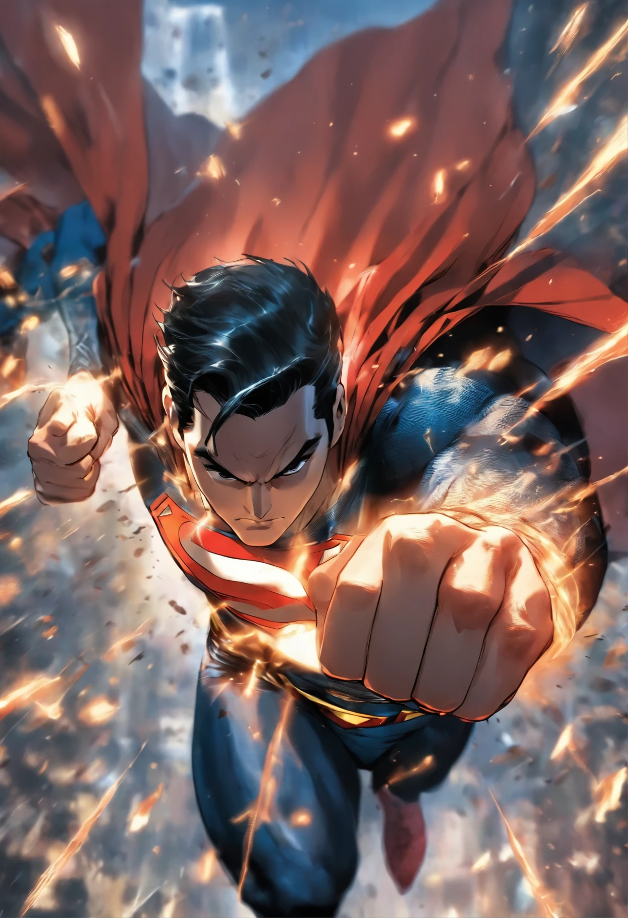 Superman's outfit is black and white, delivering close up Saitama punch to viewer, perfect dynamic pose, perfect focus 5 fingers punch, violent impact coming theme