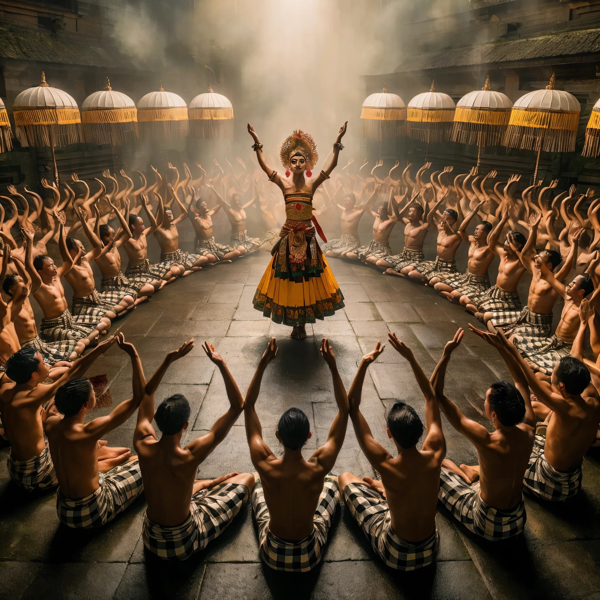 full body,long exposure effect, slow motion effect, move effect.
several male kecak dancers from Bali,sitting cross-legged on the floor,forming two rows of circles facing inward,holding their arms straight up,wearing loincloths,black and white checkered pants,no clothes.
In the middle of the circle there is a beautiful Balinese dancer,standing,dancing pose,yellow mixed red cloth and Balinese dancer decorations,background of a temple.
upscale,ultra HD,ultra detail on face.