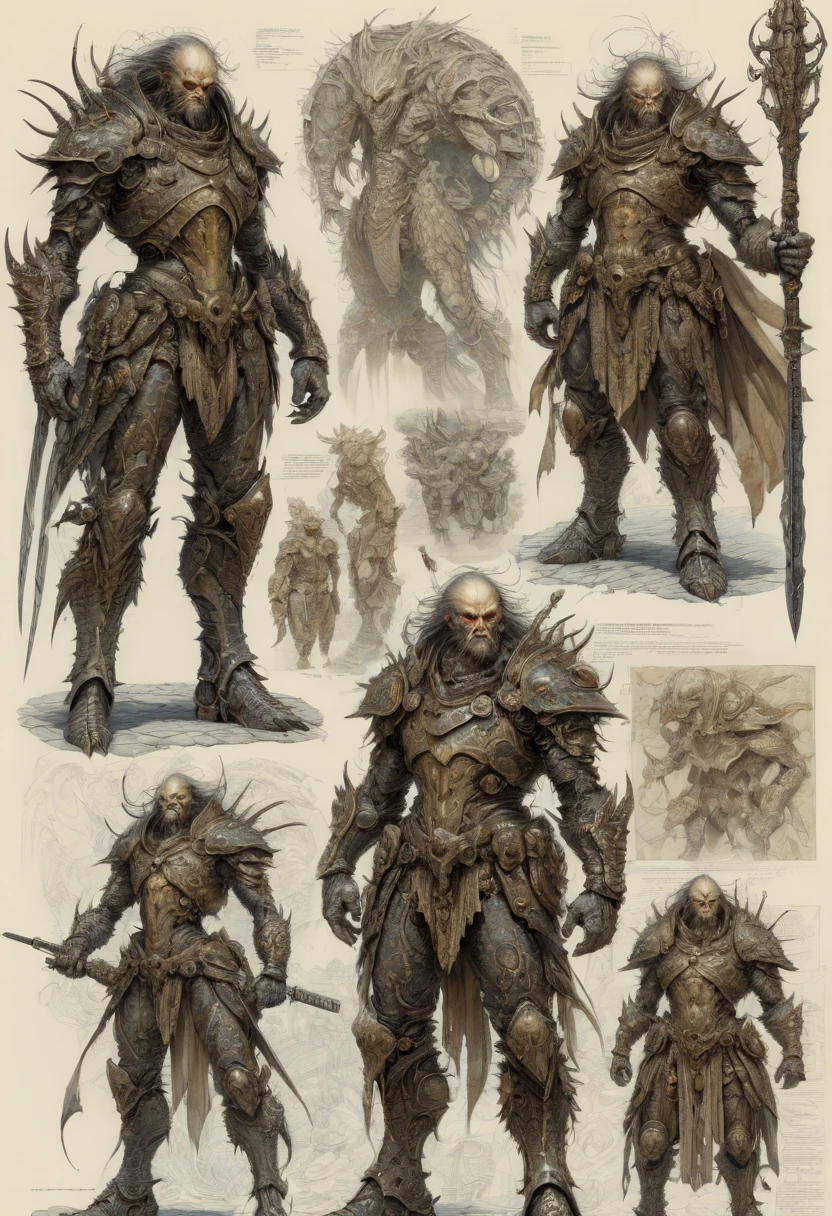 character design sheet by Ian Miller, best quality, masterpiece, Representative work, official art, Professional, Ultra intricate detailed, 8k