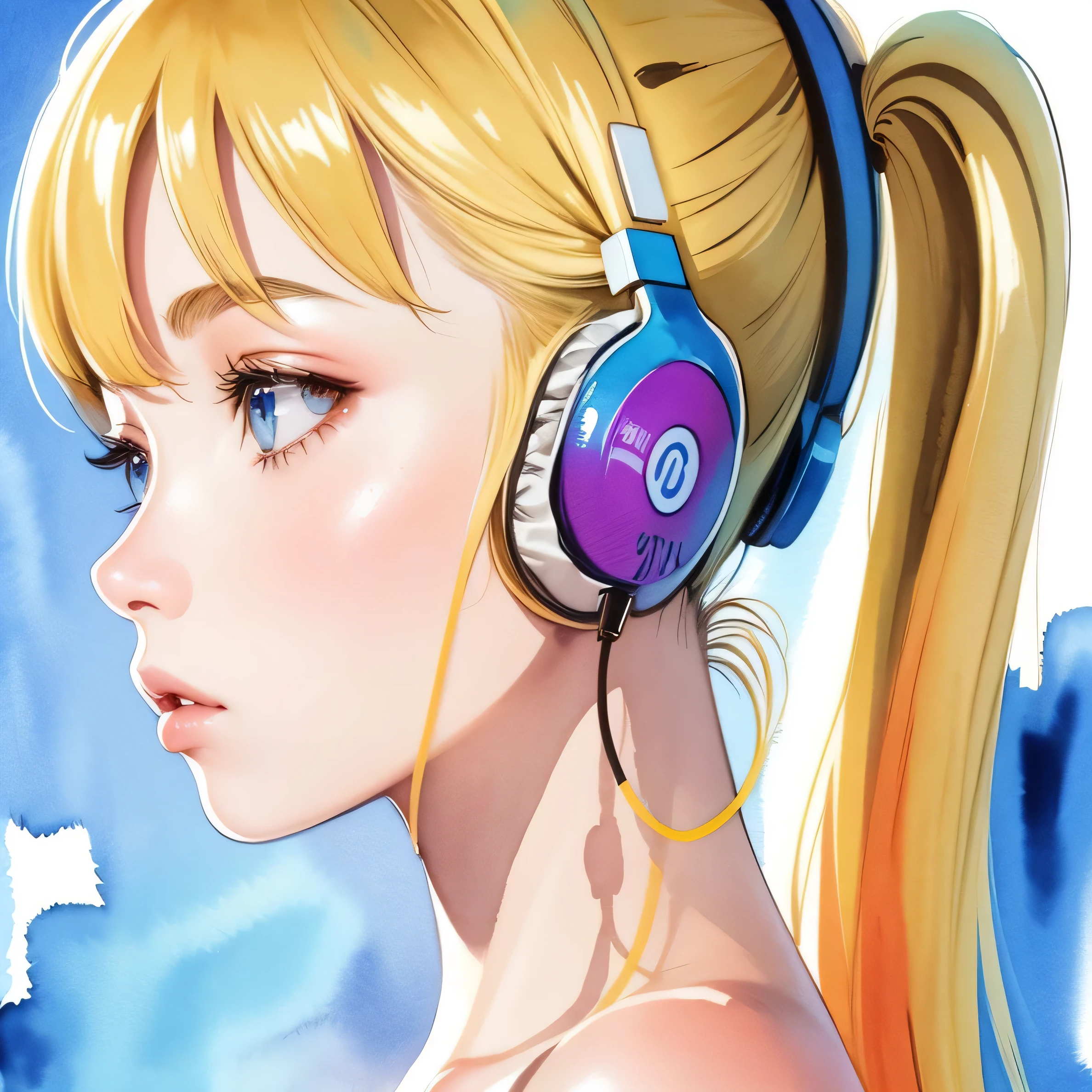 close up of face、colorful、headphones、watercolor、blonde、twin tails、I&#39;m 11 years old、profile、Upper body、naked