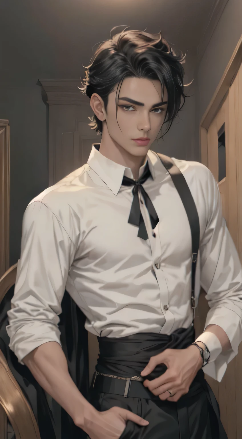 Arafed image of a man in a white shirt and black pants.., chico guapo en el arte de Demon Slayer, beautiful androgynous prince, delicate androgynous prince, retrato anime de un hombre guapo, Neoartcore y Charlie Bowater, hombre guapo animado, obra de arte al estilo de guweiz, in bowater artistic style, handsome japanese demon boy