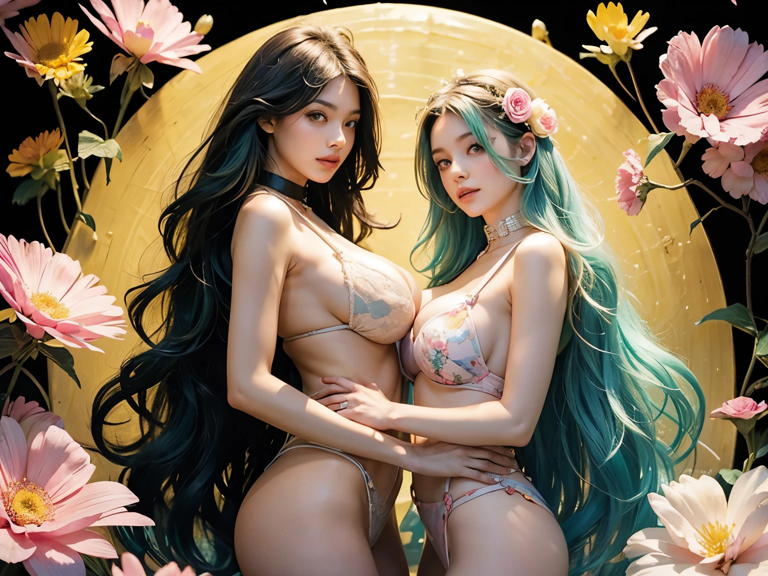 2 european women flirting, most beautiful women, upper body, nude, bare breasts,long wavy mint green hair, shibari, rope, slave collar, Mistress and slave, bdsm,ultra sexy, flowers, flower petals billowing through the air, black and yellow and pink pattern background, (abstract black and yellow and pink pattern background), ultra huge breasts, (ultra huge breasts),(ultra busty), abnormally huge breasts