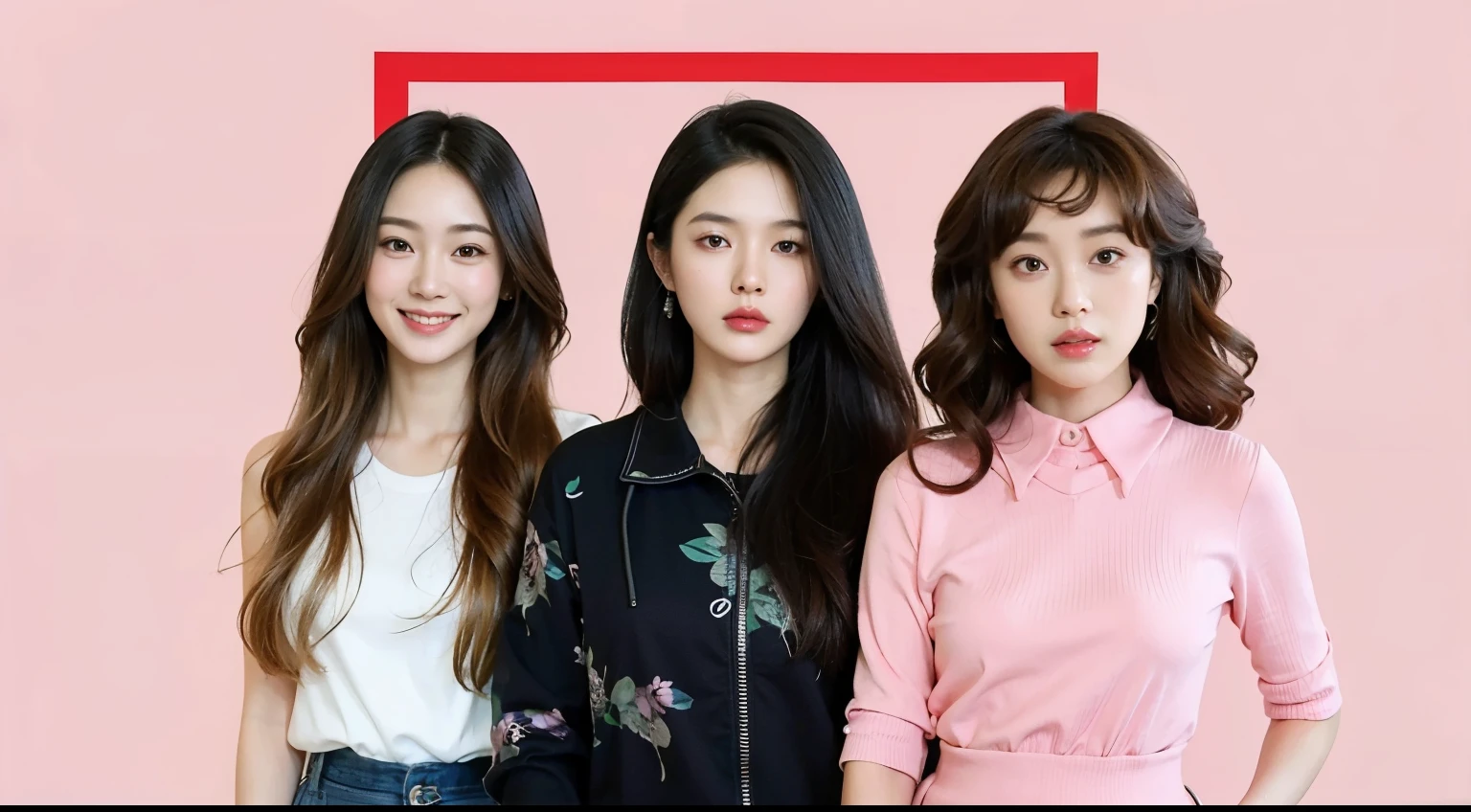 three women in pink shirts and black pants standing next to each other, asian women, asian descent, asian features, inspired by helen huang, trending on hollywood reporter, famous actresses, women's faces, artists, half asian, asian decent, wealthy women, 2019 trending photo, medium poly, by Winona Nelson, different women's faces