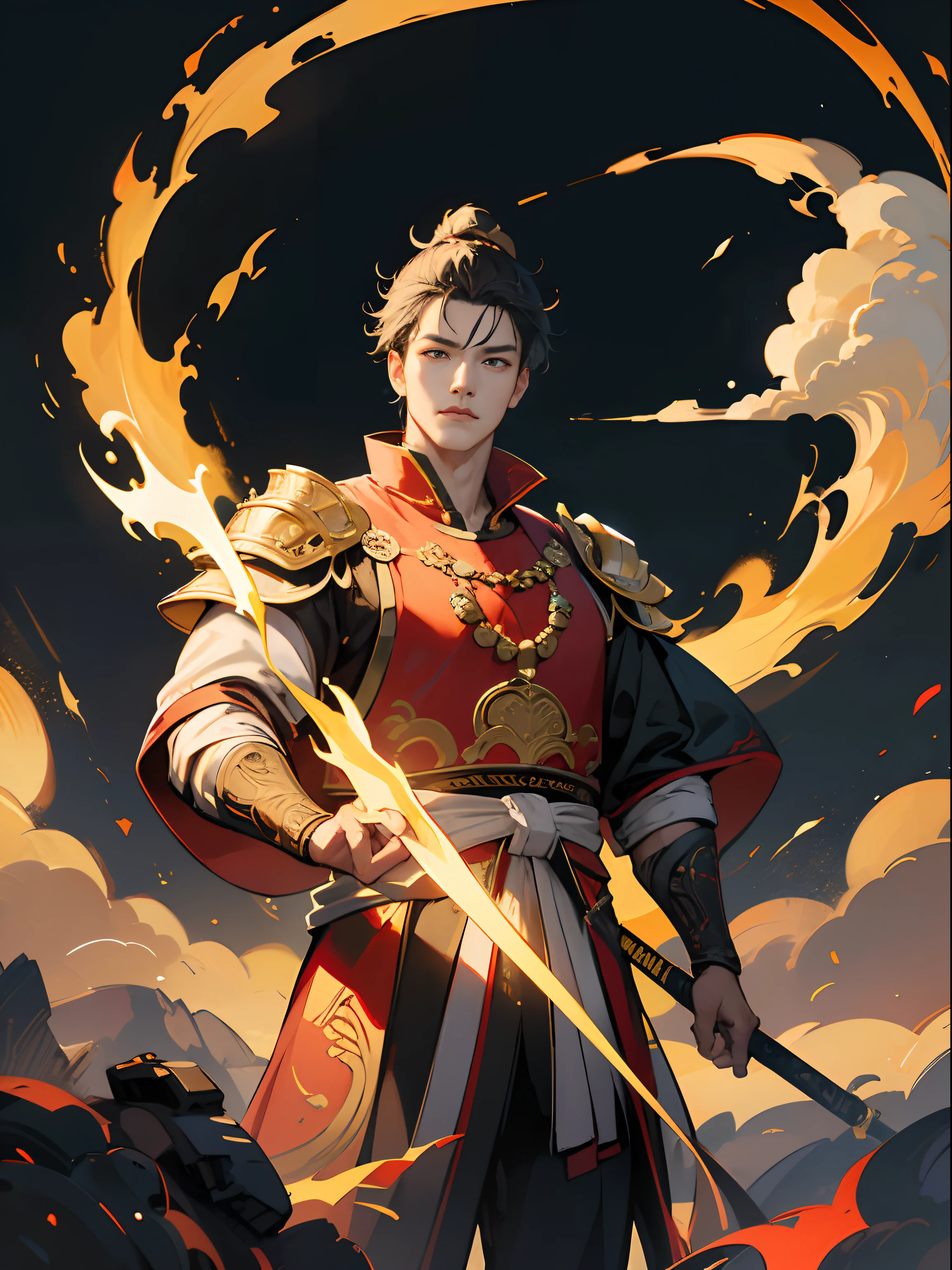 tempos antigos chineses，temple, Olhe para a perspectiva，Um homem de meia idade, 50 anos, strong build，Helmet with headband，vestindo armadura de ouro, parado nas nuvens, Um segura uma espada，Place one hand on your chest，looks at the camera，agosto, Cinematic lighting, in a panoramic view, obra de arte, preciso, Super detalhe, Premiado, melhor qualidade，arte oficial，papel de parede da unidade 8k，ultra-detalhado，beauty and aesthetics，obra-prima，melhor qualidade，Realista，（arte fractal），epic scenes，A high resolution，（obra-prima），（melhor qualidade）
