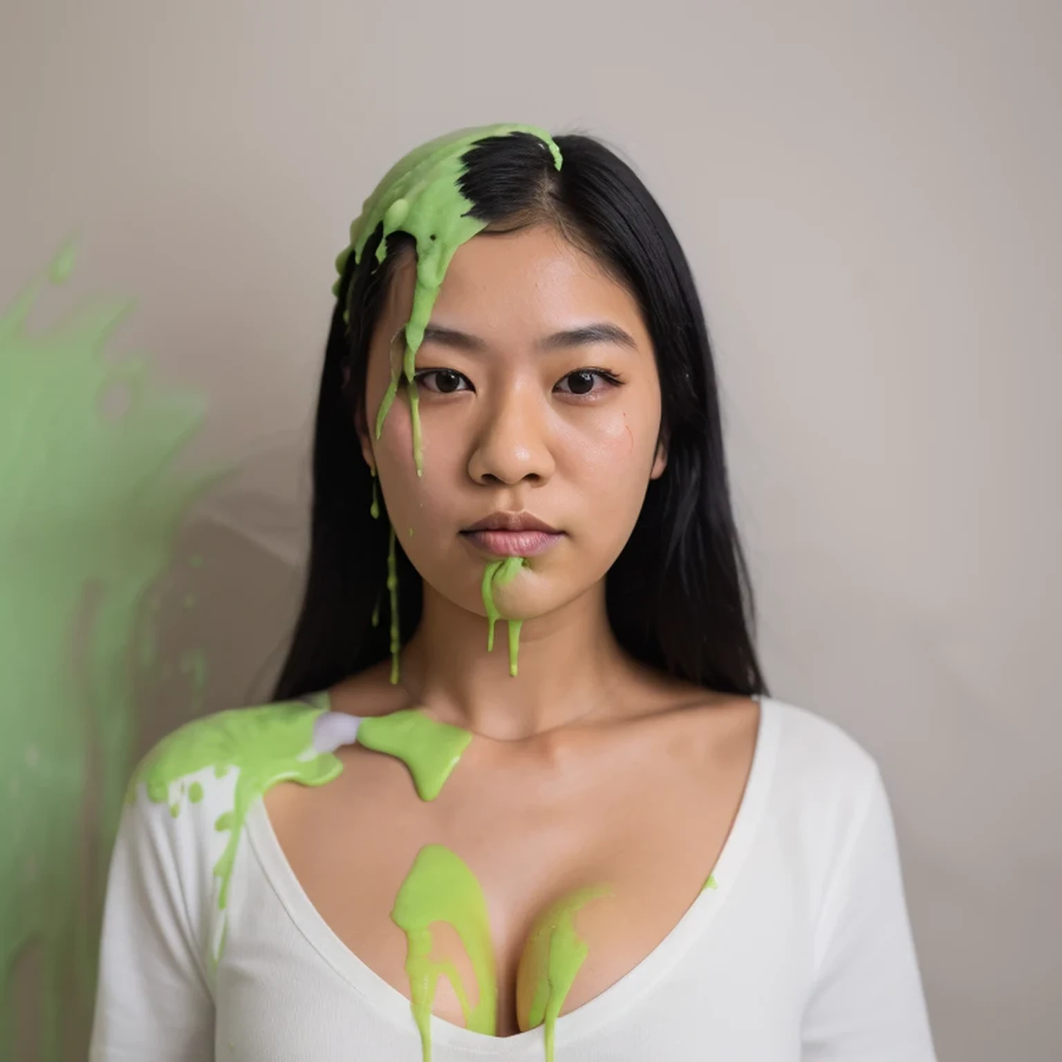 RAW Photo, DSLR, (kkw-ph1:0.9), half body portrait of a young 20yo woman, asian woman, black hair, wearing a white dress, detailed, professional colorgraded, slime, green liquid on hair, green liquid on chest