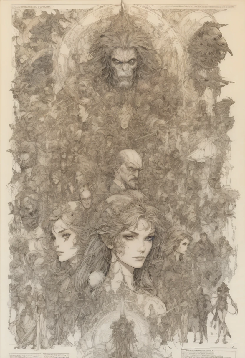 character design sheet by Michael William Kaluta, best quality, masterpiece, Representative work, official art, Professional, Ultra intricate detailed, 8k