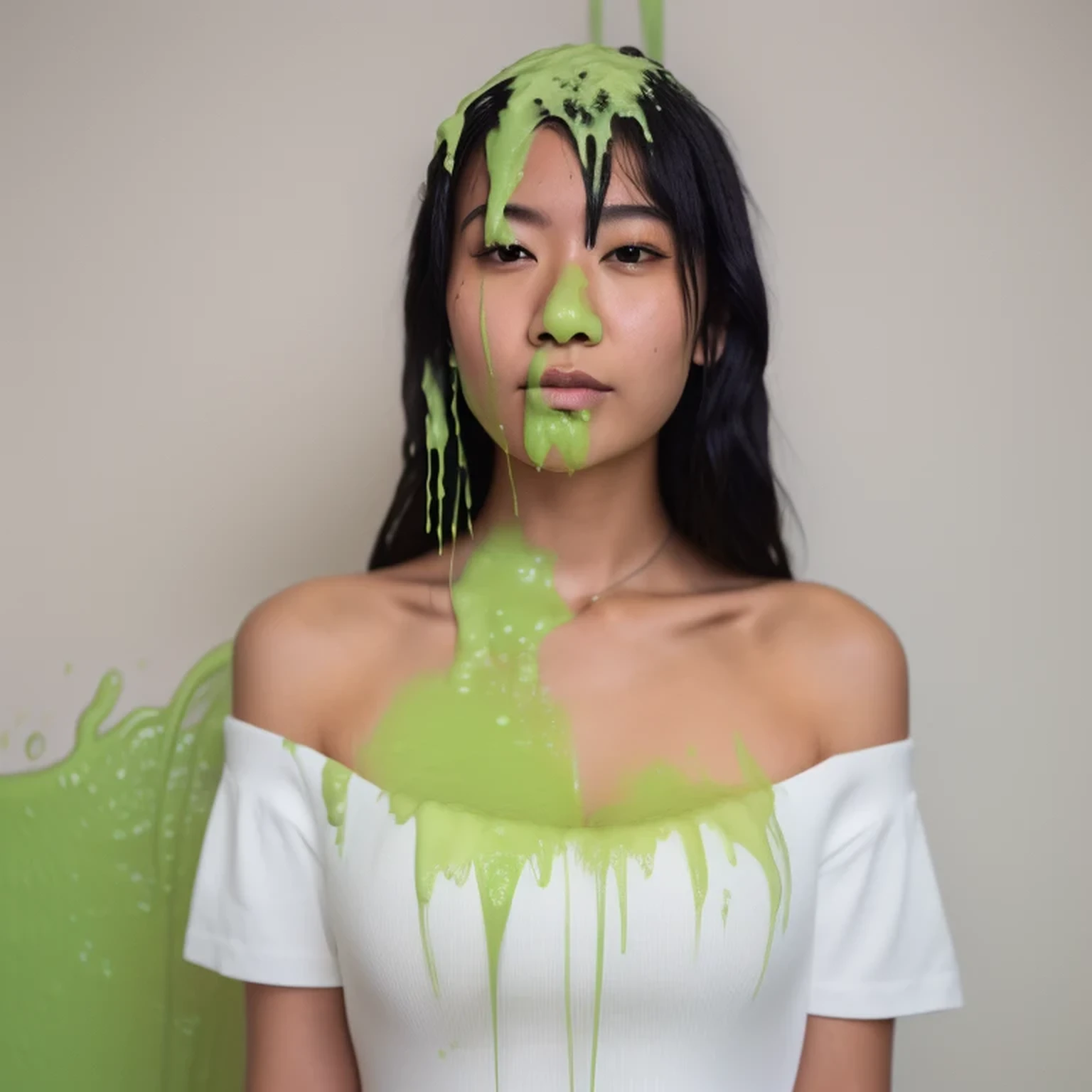 RAW Photo, DSLR, (kkw-ph1:0.9), half body portrait of a young 20yo woman, asian woman, black hair, wearing a white dress, detailed, professional colorgraded, slime, green liquid on hair, green liquid on chest