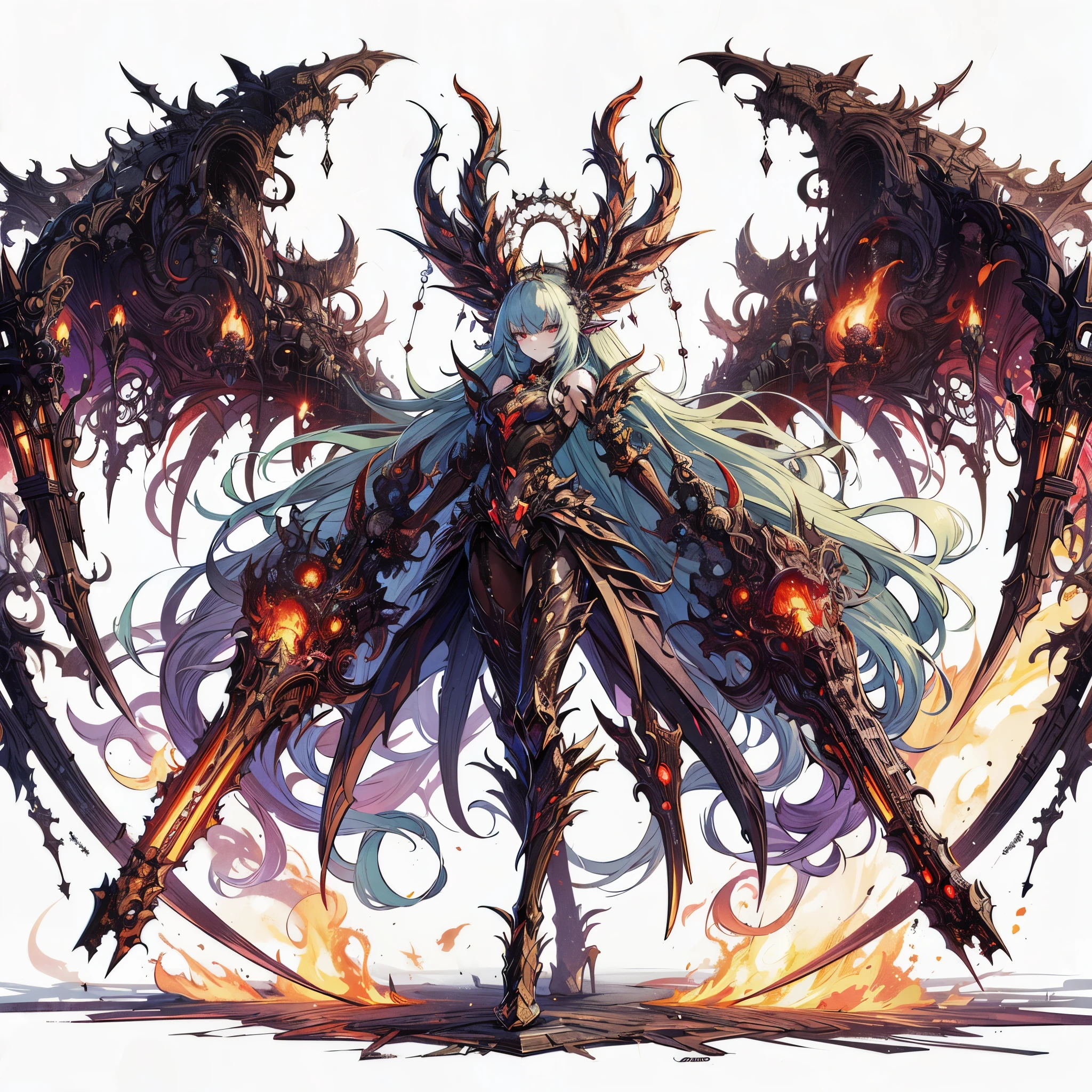 A woman with a devilishly large body and long white hair, concept art：Yang J, pixiv contest winner, fantasy art, devil anime girl, Glamorous Supreme Demon Overlord, Demon King, dark goddess with six arms, fire devil, デーモンソウルのconcept art, infernal nymph!!!, epic anime artwork, anime fantasy artwork, good quality hell art