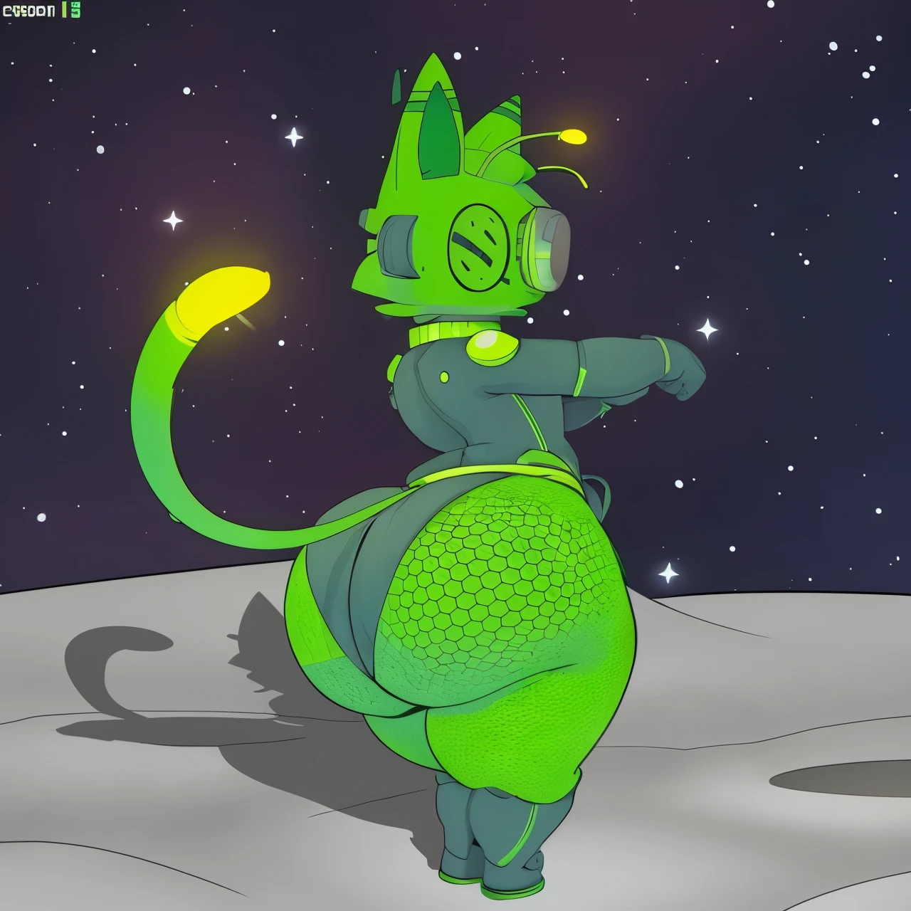 cartoon cat in space with a yellow banana in its mouth, glowing spacesuit, space molly, space cat, lunar themed attire, with glow on some of its parts, in spacesuit, digital green fox, in a space cadet outfit, thicc, wears a spacesuit, galactic sized goddess, in outer space, fluffy green belly, on another planet