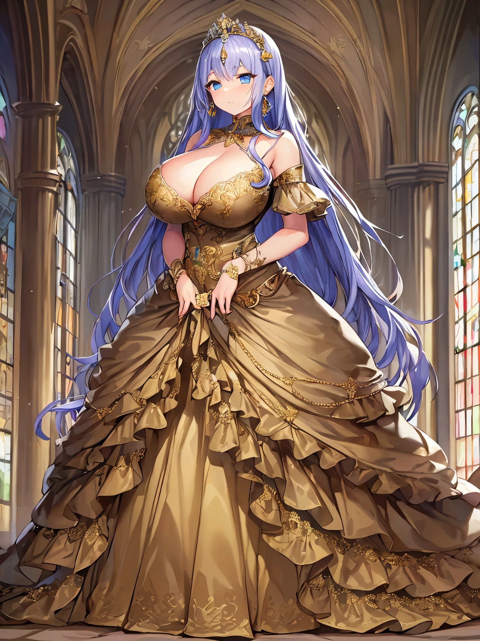 anime artstyle,Masterpiece,Best Quality,Super Detail,Very Delicate and Beautiful,Solo,full body,full body portrait,((1 bling-bling gorgeous princess in a gorgeous embroidery rococo ballgown with jeweled)),(((very very gigantic tits,cleavage,curvy))),Skindentation,((Cathedral,church)),((crinoline,long train)),super detailed gorgeous princess ballgown with voluminous full length hoop skirt,gorgeous princess rococo ballgown with long train,((gorgeous princess rococo ballgown with beautiful embroidery and jeweled)),(detailed face and eyes),jewel-like eyes,((extremely voluminous straight Hair,Extremely Long Straight Hair)),extremely gorgeous hair ornament,((extremely gorgeous bling-bling big tiara)),bling-bling luxurious jewelry,Beautifully detailed lots of lace and ruffles,((super detailed gorgeous princess rococo ballgown with voluminous full length hoop skirt)),full body