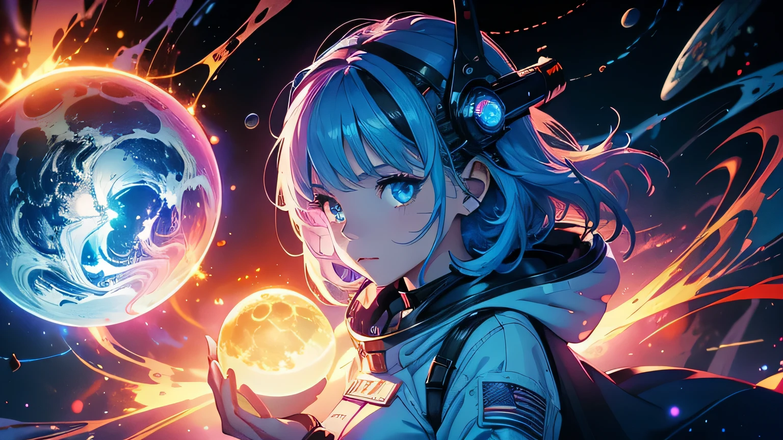 (masterpiece), best quality, a cute girl floating in the space holding a planet, ((holding)), sphere, ((glow, planet glow)), perfect face, expressive eyes, space suit, austronaut helmet, spiral galaxy, astronomy wallpaper, happy, colorful, exciting, gorgeous, blue giant star, cowboy shot, cosmic, cosmos 4k, shiny, perfect light, glowing sphere BREAK is a cute girl on space, she is holding a glwoing sphere with the two hands, she is wearing a white space suit, she has blue hair, red eyes, red giant star, sun like star, shine, BREAK vivid colors, bright,shiny, cool colors, dramatic lighting, artistic, creative, digital art, wallpaper, (glowing eyeagical, impossible, good vibes, good emotions, adventure, (solo, alone,1girl)\