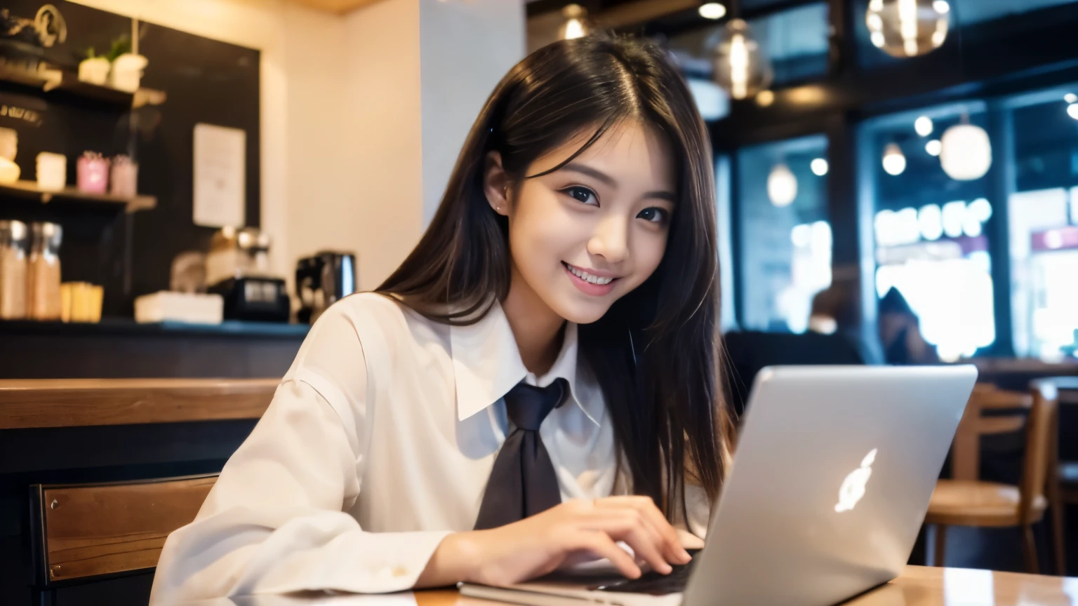 ((最high quality, 8k, masterpiece: 1.3)), perfect face,Inside a stylish cafe in New York、A scene where a beautiful woman like a model is drinking a latte and studying on a laptop.,everything around you, I see other customers enjoying themselves.。At the back of the cafe、Staff are busy working at the counter.、You can feel the vibrancy and stylish luxury of a city cafe.., sharp focus, 1 girl, sexy 1.2, , (big: 1.5), fine eyes, Beautiful eyes with slit length, double eyelid, (cat face), (cute Face), cute Smile, (close your mouth), (cute), soft skin, show the whole body, surreal, Super detailed, high quality, (Beautiful female college student studying in a cafe), ((詳細な非常にcute女子大生)), ((胸は隠れているけど服の上から解るぐらいbig胸)),Gaze at your boyfriend