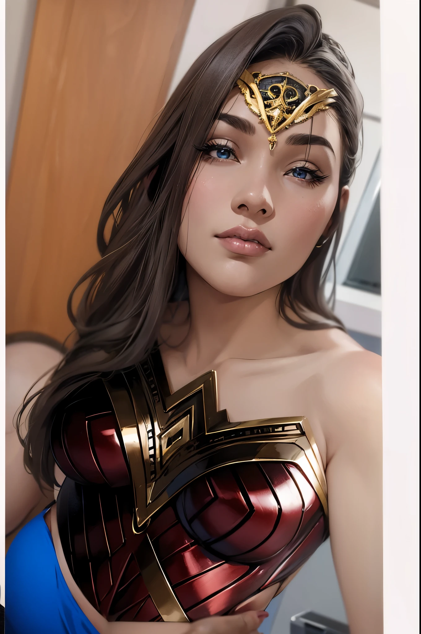 close up Wonder woman, Portrait photo by Altgarm, realism style, Glowing skin, Cartoon hero, Natural light, Defined lips, Strong physical strength, Feminine body, Full body, viewer, (Smile:1.2), Depth of field f/1.8, in sky, (((looking in camera))), Camera orientation, (Sexy Pose:1.5)), in sky, Unreal 5, 8 k, 8K RAW, Ray Tracing, NVIDIA RTX,