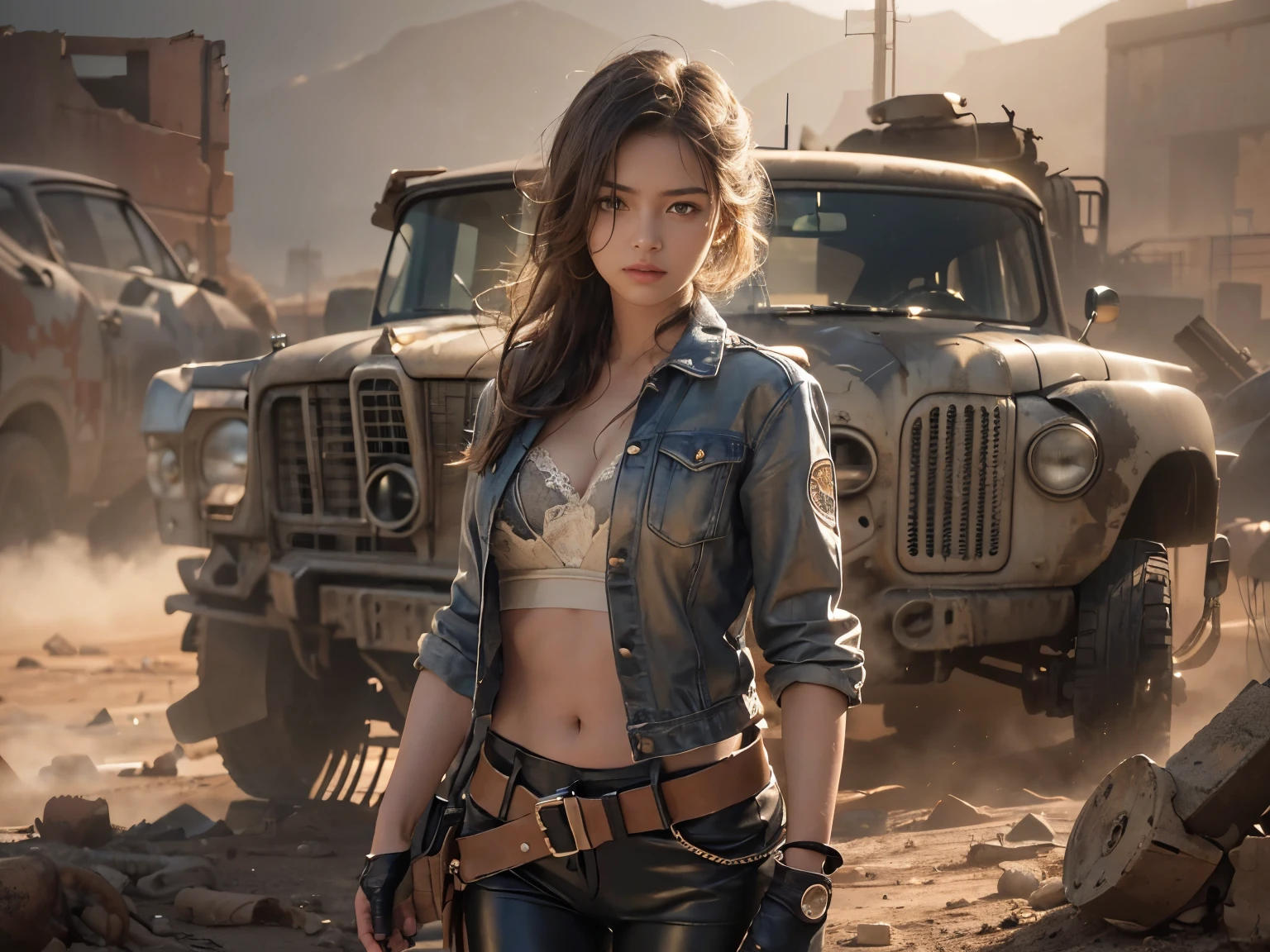 (an extremely beautiful girl looking at camera, detailed face, long hair, sexy bra, tight-fitting leather pants), soft colors, dirty, dusty, realistic lighting and shadowing, highres, ultra-detailed, 1 young girl stands in the foreground，cowboy lens，Cinematic lighting effects, very busty, colt, pistols, gun, tool belt, camera is near the ground looking up at the girl, upper body, (ultra-detailed,best quality,highres:1.2),(realistic:1.37),post-apocalyptic,desert wasteland,barren landscape,ruined city,vehicle wreckage,sandstorm,fierce sunlight,dusty atmosphere,war-torn,ragged clothing,spiked vehicles,,dystopian,desolate,futuristic,grim,gritty,action-packed,toned down colors,dirt, dusty, foggy, evening sun,harsh lighting, 