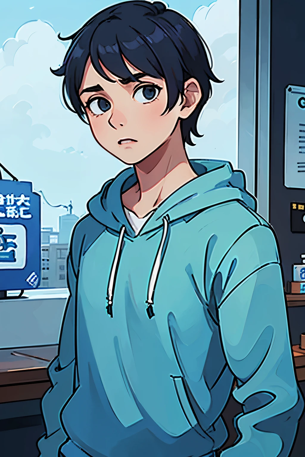 A calm boy wearing blue t-shirt or hoody 