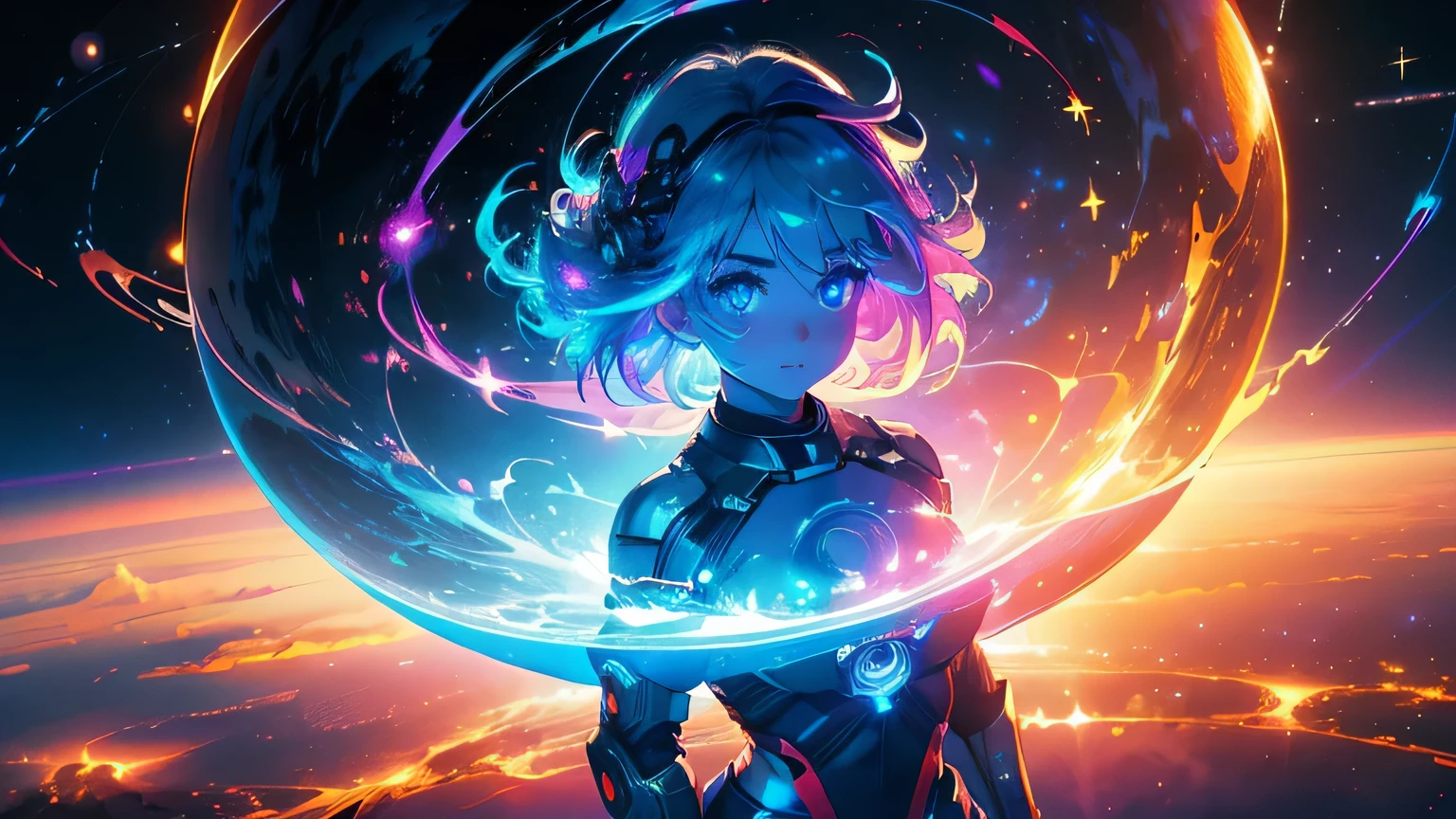 (masterpiece), best quality, a cute girl floating in the space holding a planet, ((holding)), sphere, ((glow, planet glow)), perfect face, expressive eyes, (blue Tight crop top gold leather suit, spiral galaxy, astronomy wallpaper, happy, colorful, exciting, gorgeous, blue giant star, cowboy shot, cosmic, cosmos 4k, shiny, perfect light, glowing sphere BREAK is a cute girl on space, she is holding a glwoing sphere with the two hands, she is wearing a white space suit, she has blue hair, red eyes, red giant star, sun like star, shine, BREAK vivid colors, bright,shiny, cool colors, dramatic lighting, artistic, creative, digital art, wallpaper, (glowing eyeagical, impossible, good vibes, good emotions, adventure, (solo, alone,1girl)\
