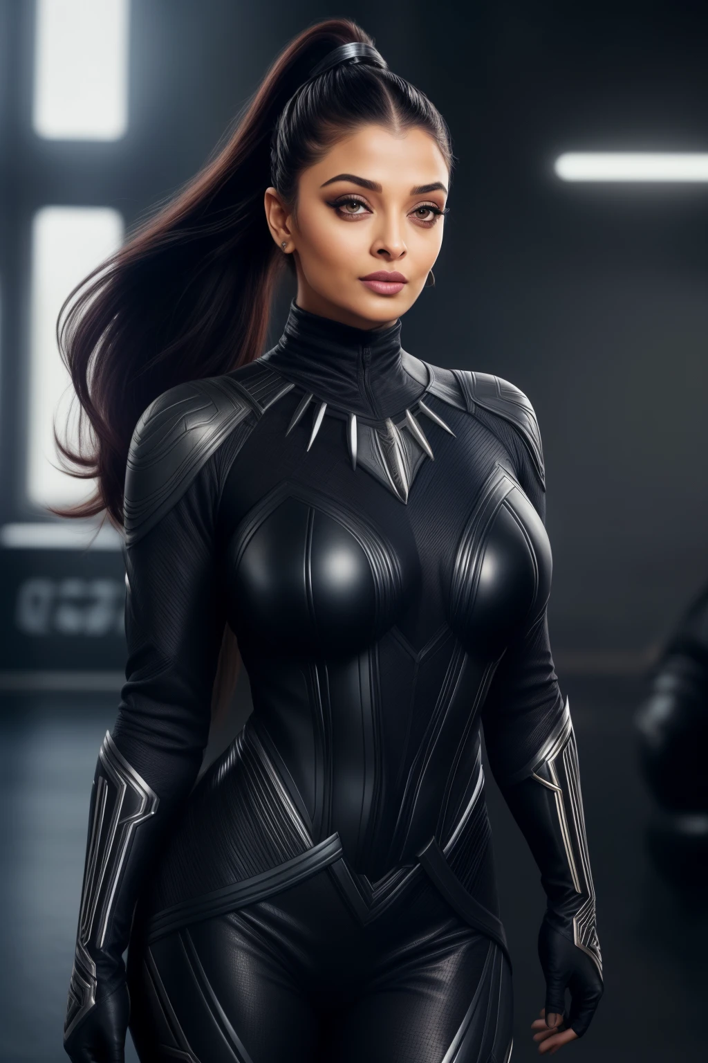 Aishwarya rai as black panther superhero, without bindi, full body image, knee high boots, black bodycon panther suit, athletic curvy figure, open hair, posing in ship dockyard, day scene, hourglass figure, small breasts, fit, seductive face, look at camera and laugh, erotic adult face, 40 yo, soft volumetric lights, intricate details, (ArtStation:1.2)