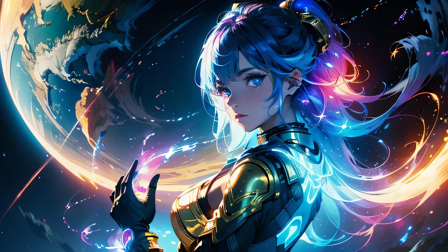 (masterpiece), best quality, a cute girl floating in the space holding a planet, ((holding)), sphere, ((glow, planet glow)), perfect face, expressive eyes, (blue Tight crop top gold leather suit), (Medium breast, open half breast), , spiral galaxy, astronomy wallpaper, happy, colorful, exciting, gorgeous, blue giant star, cowboy shot, cosmic, cosmos 4k, shiny, perfect light, glowing sphere BREAK is a cute girl on space, she is holding a glwoing sphere with the two hands, she is wearing a white space suit, she has blue hair, red eyes, red giant star, sun like star, shine, BREAK vivid colors, bright,shiny, cool colors, dramatic lighting, artistic, creative, digital art, wallpaper, (glowing eyeagical, impossible, good vibes, good emotions, adventure, (solo, alone,1girl)\