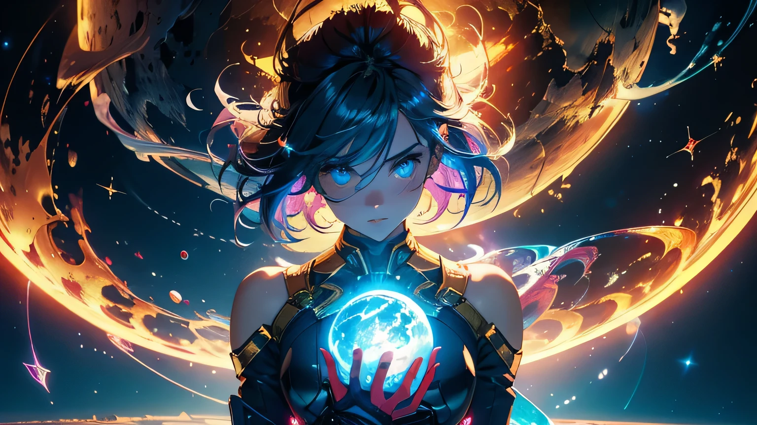 (masterpiece), best quality, a cute girl floating in the space holding a planet, ((holding)), sphere, ((glow, planet glow)), perfect face, expressive eyes, (blue Tight crop top gold leather suit), (Medium breast, open half breast), , spiral galaxy, astronomy wallpaper, happy, colorful, exciting, gorgeous, blue giant star, cowboy shot, cosmic, cosmos 4k, shiny, perfect light, glowing sphere BREAK is a cute girl on space, she is holding a glwoing sphere with the two hands, she is wearing a white space suit, she has blue hair, red eyes, red giant star, sun like star, shine, BREAK vivid colors, bright,shiny, cool colors, dramatic lighting, artistic, creative, digital art, wallpaper, (glowing eyeagical, impossible, good vibes, good emotions, adventure, (solo, alone,1girl)\